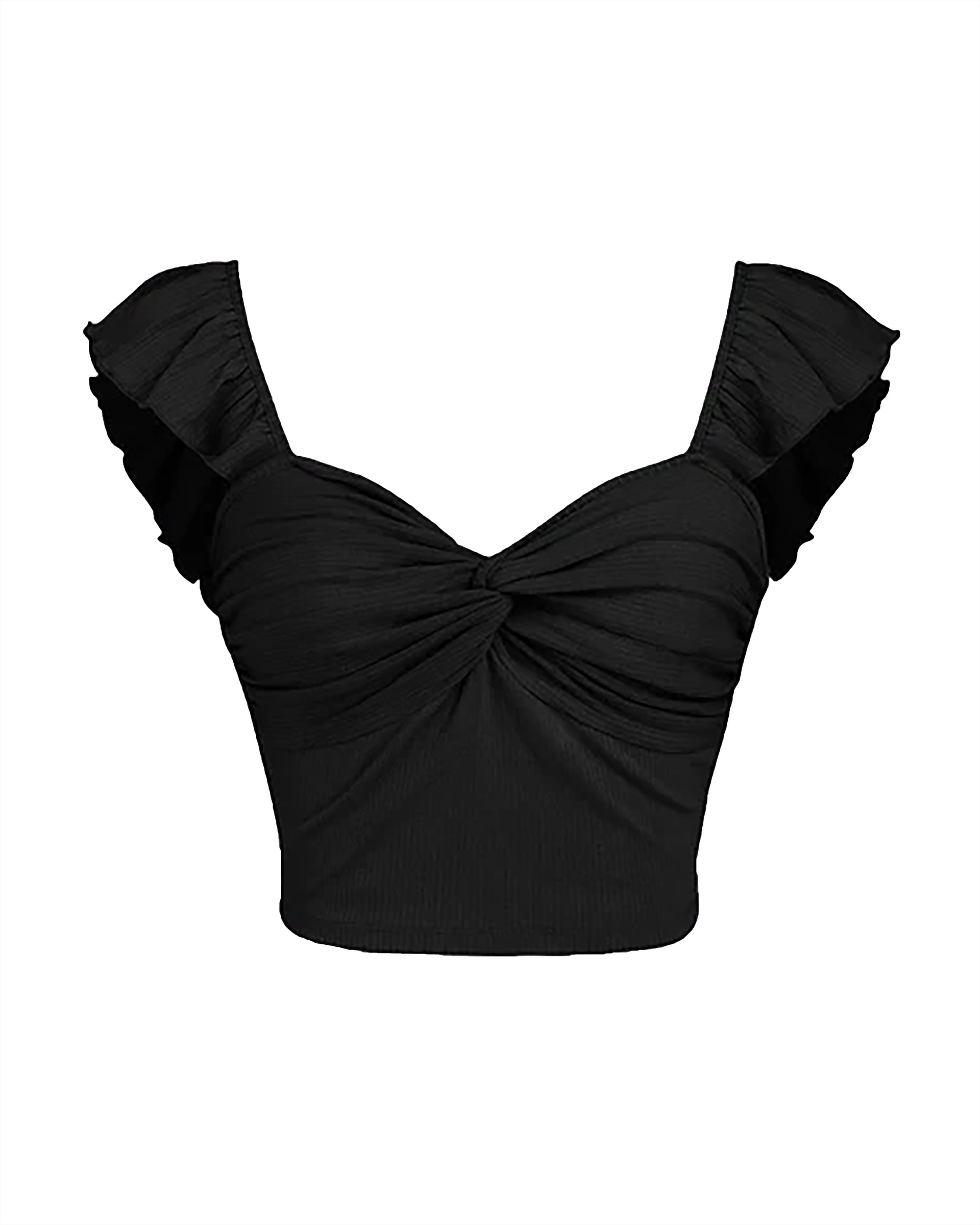 Front Knot Ribbed Crop Top in Black