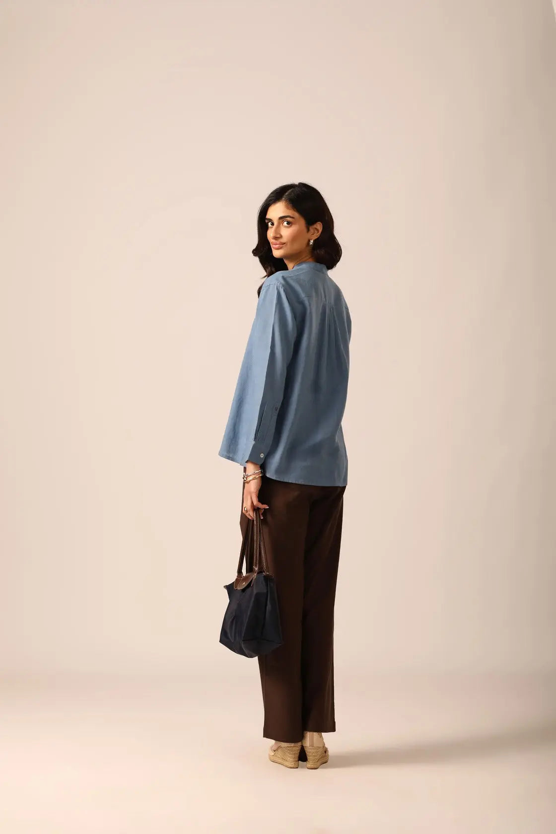 Elm Chinese Collar Linen Shirt in Steel Blue - IZGGI