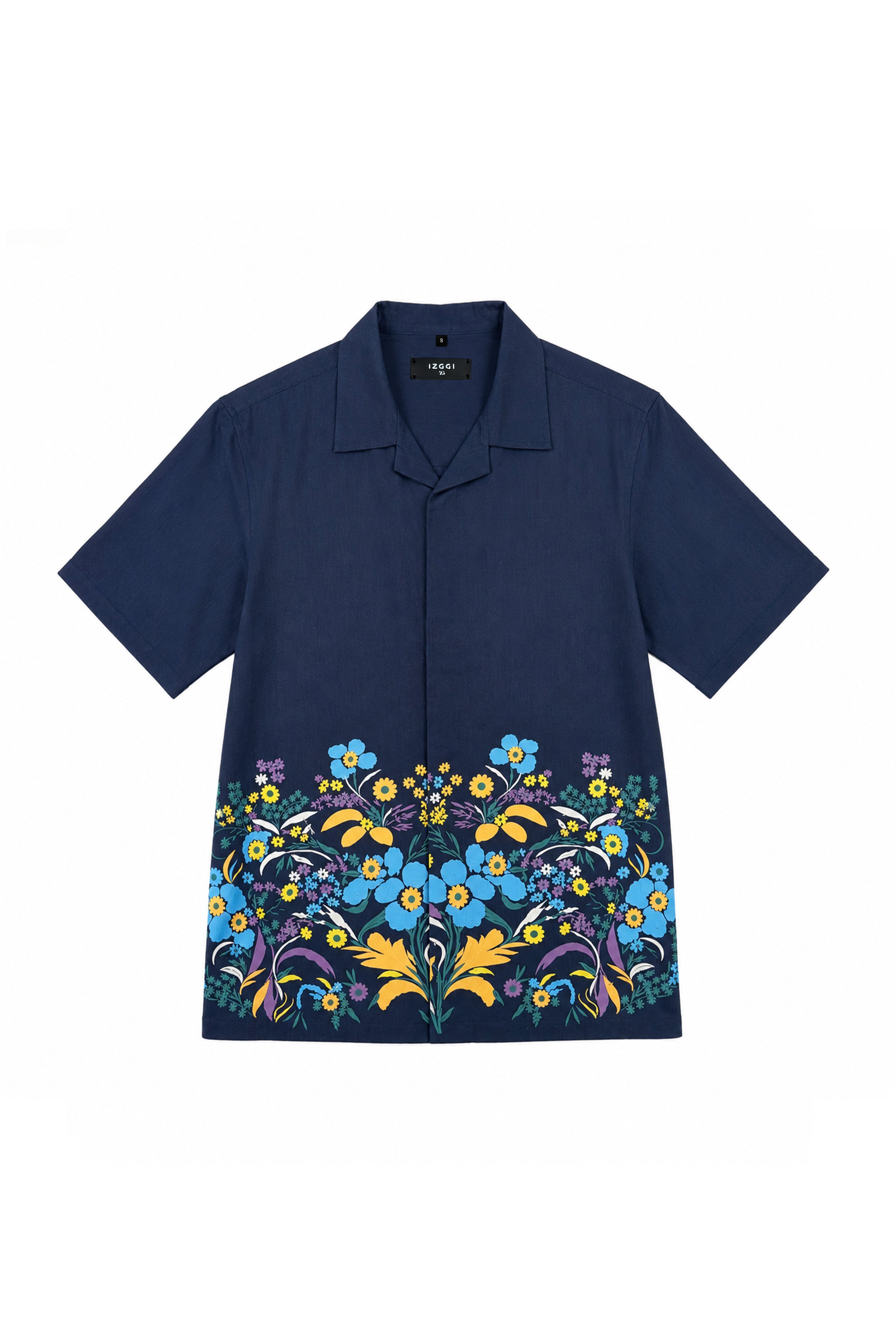 Navy Blue Cotton Botanical Embroidery Shirt