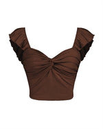 بلوزة قصيرة مضلعة بربطة أمامية باللون البني