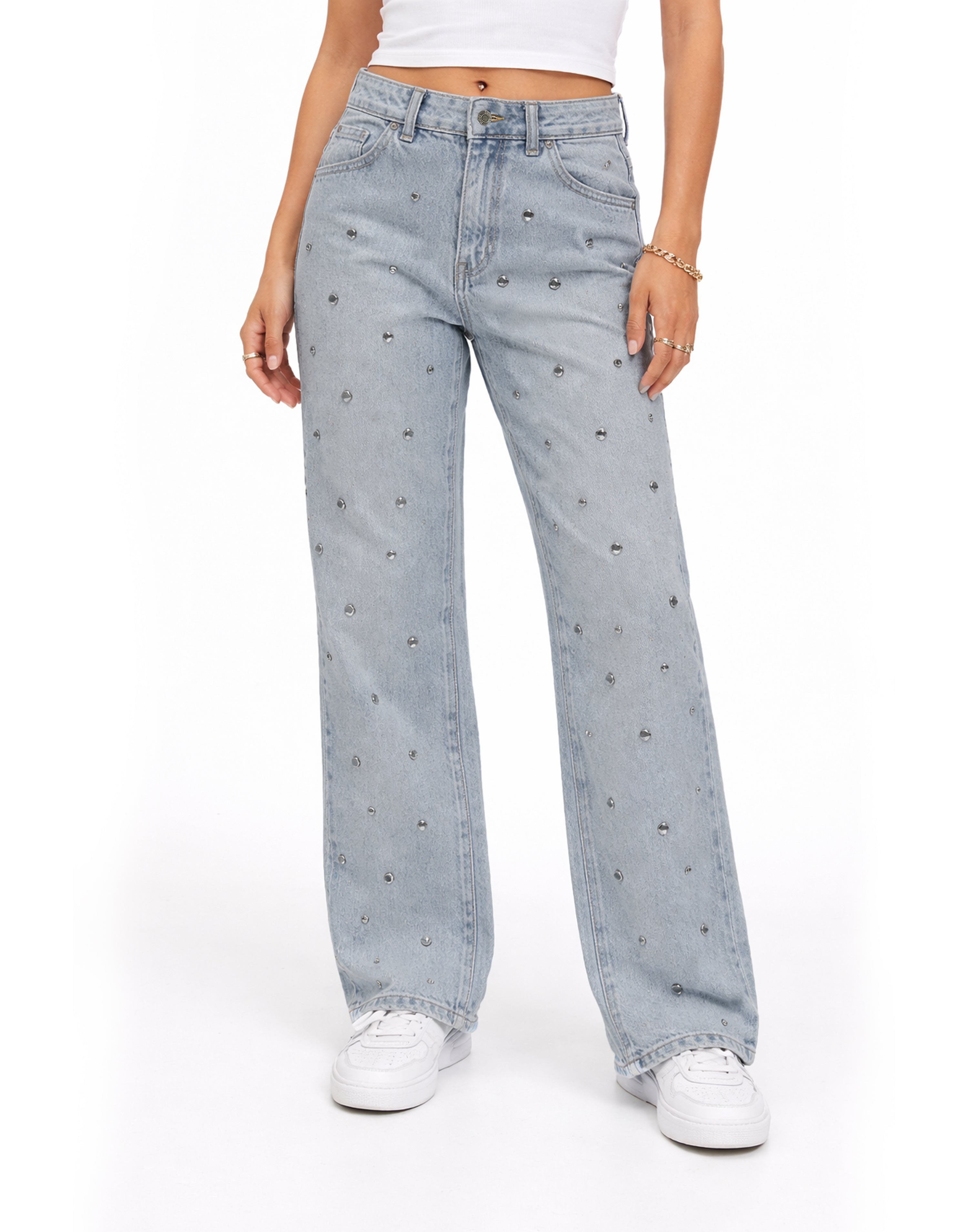 Mid- Rise Eyelet Straight Fit Denim