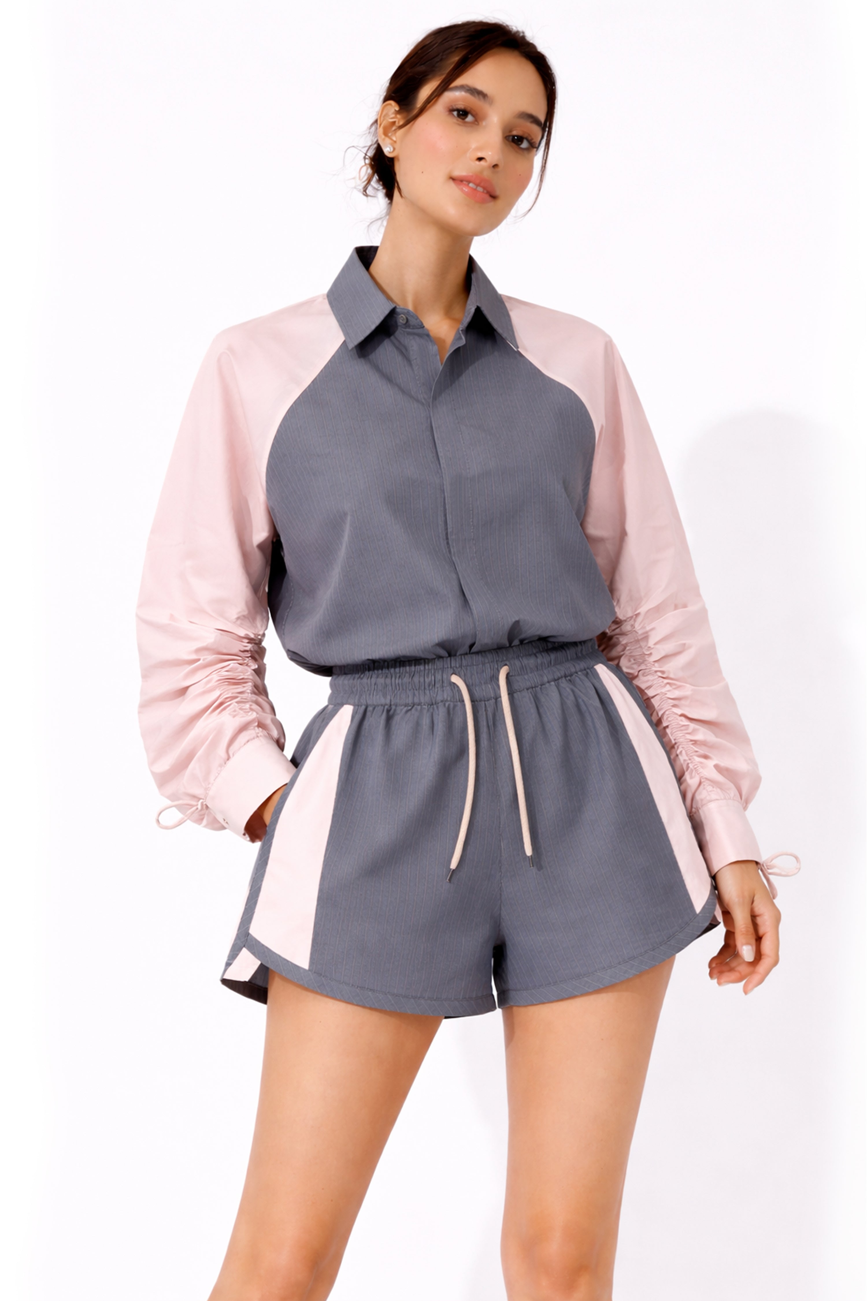 Grey & Pink Contrast Panel Shorts