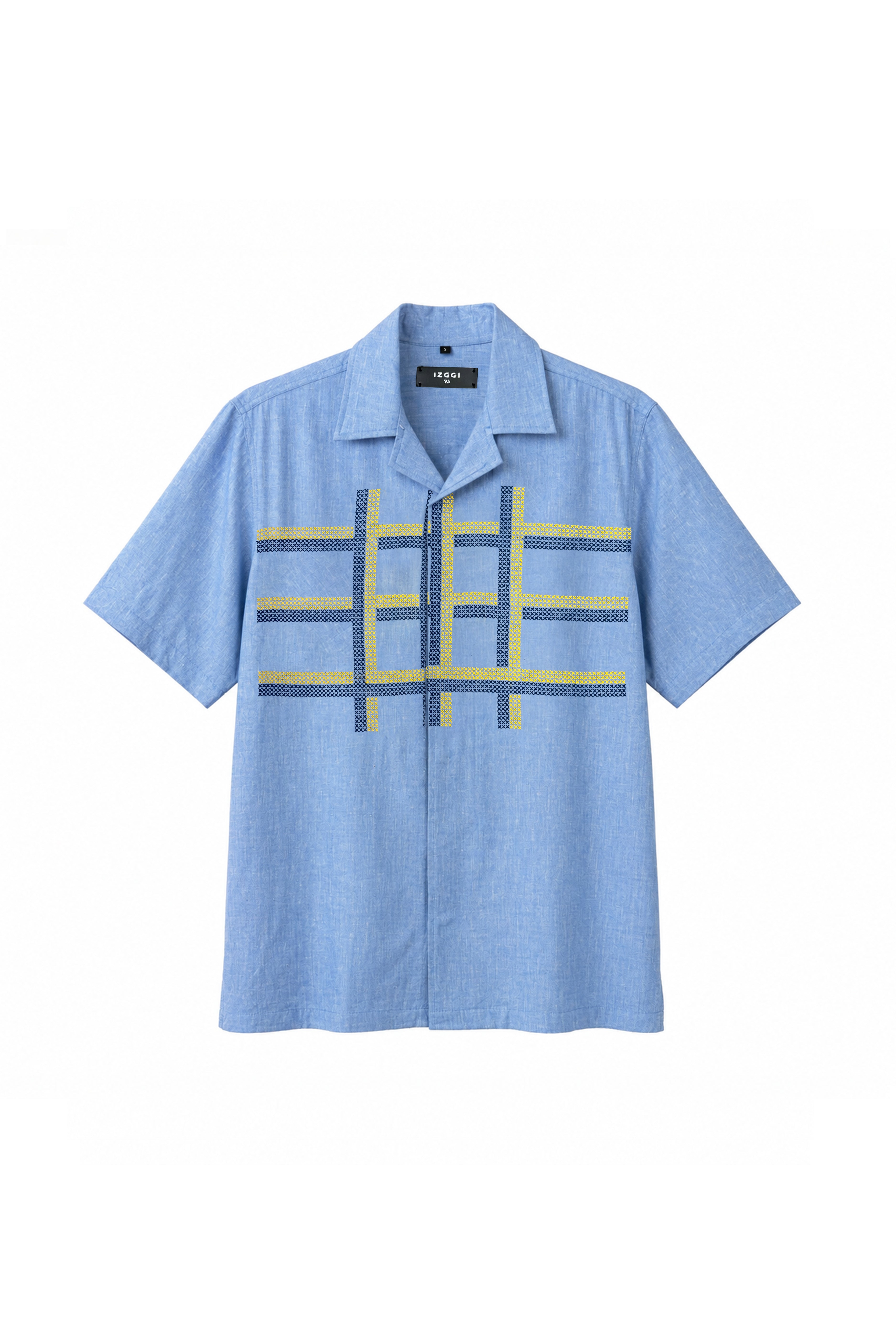 Light Blue Cotton Cross Grid Embroidery Shirt