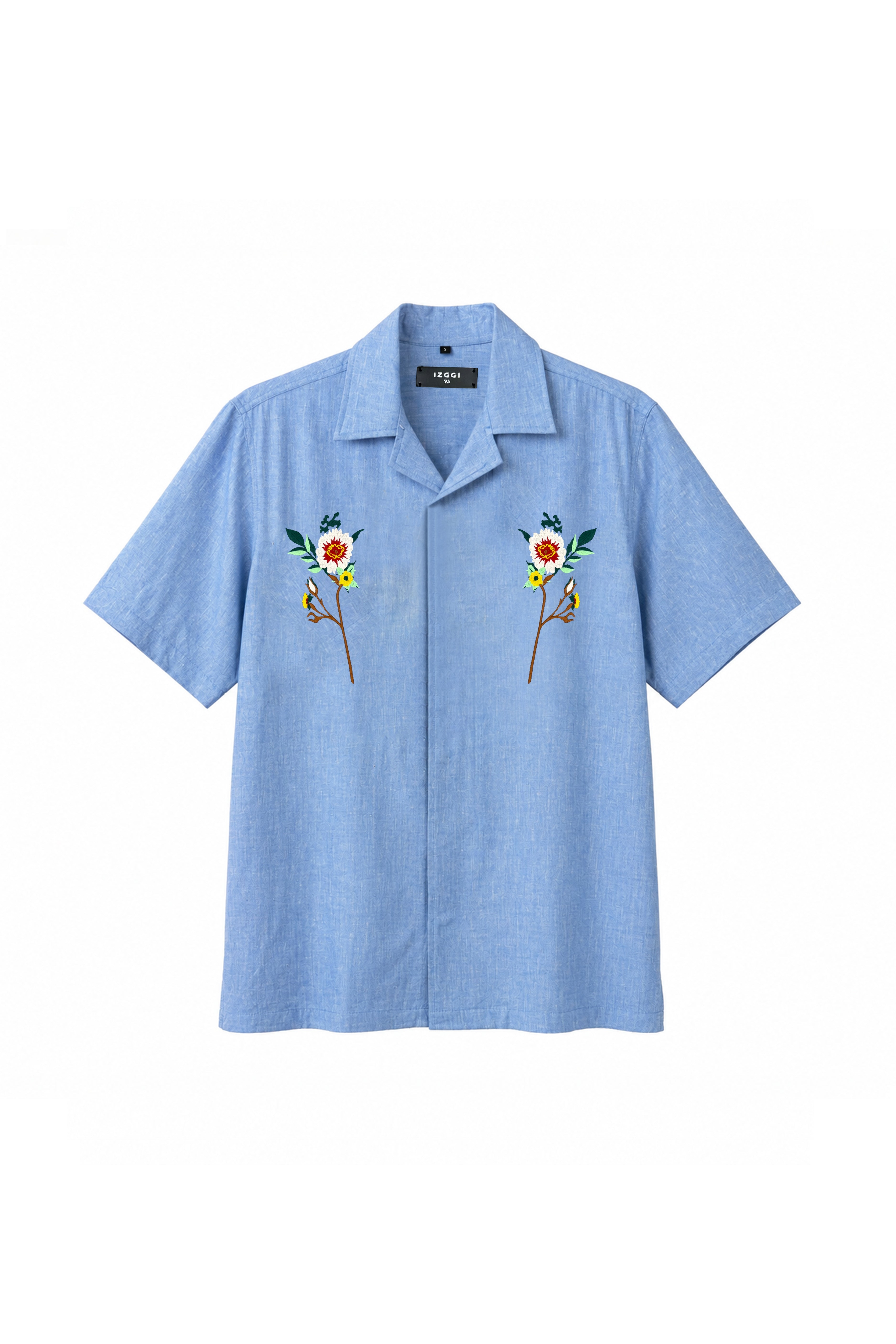 Light Blue Cotton Wildflower Stem Embroidery Shirt