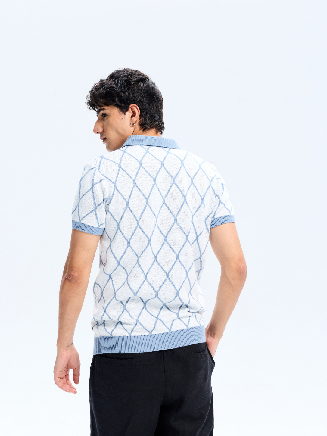 White Knit Geometric Pattern Collar Polo