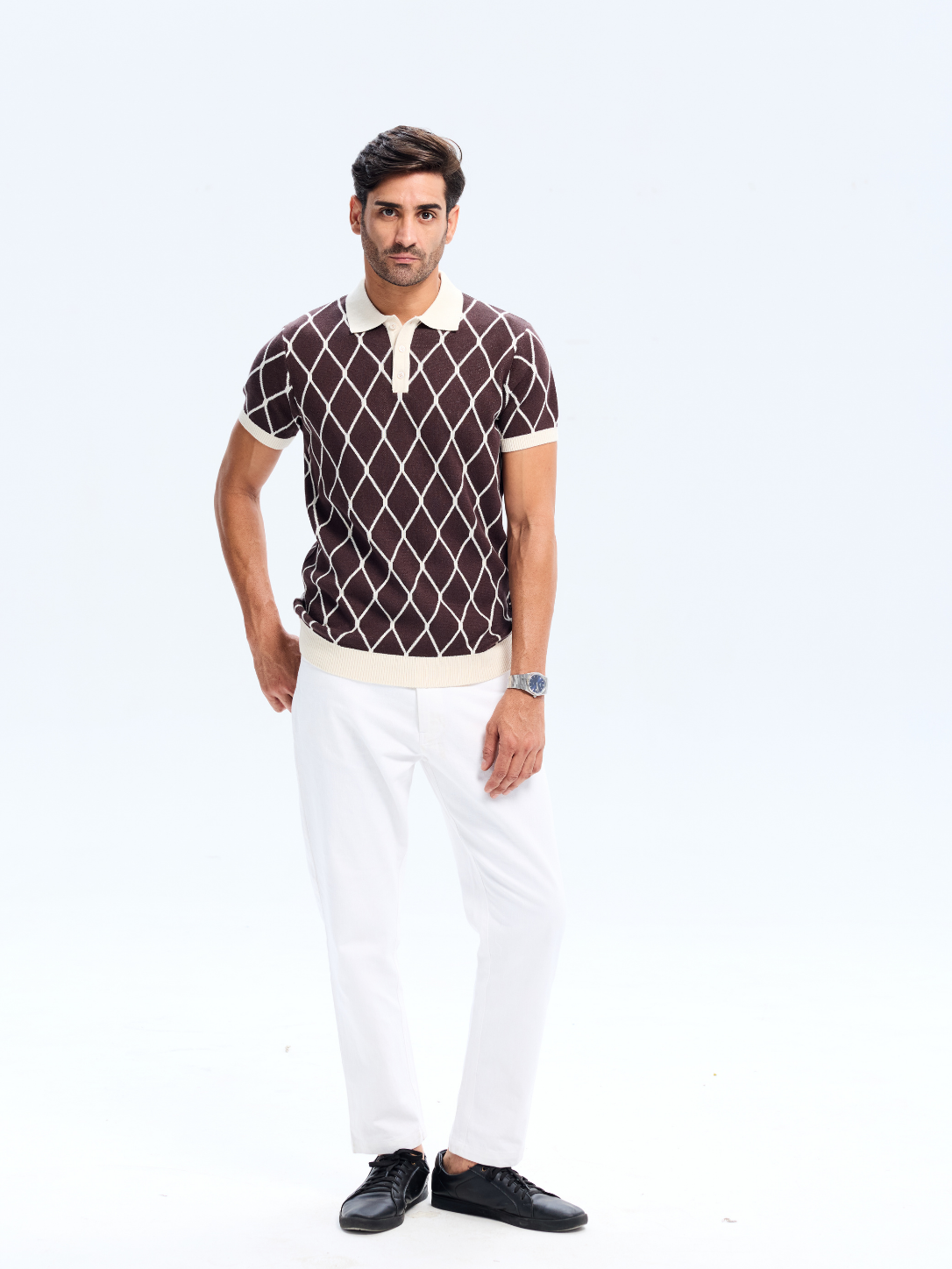 Brown Knit Geometric Pattern Collar Polo
