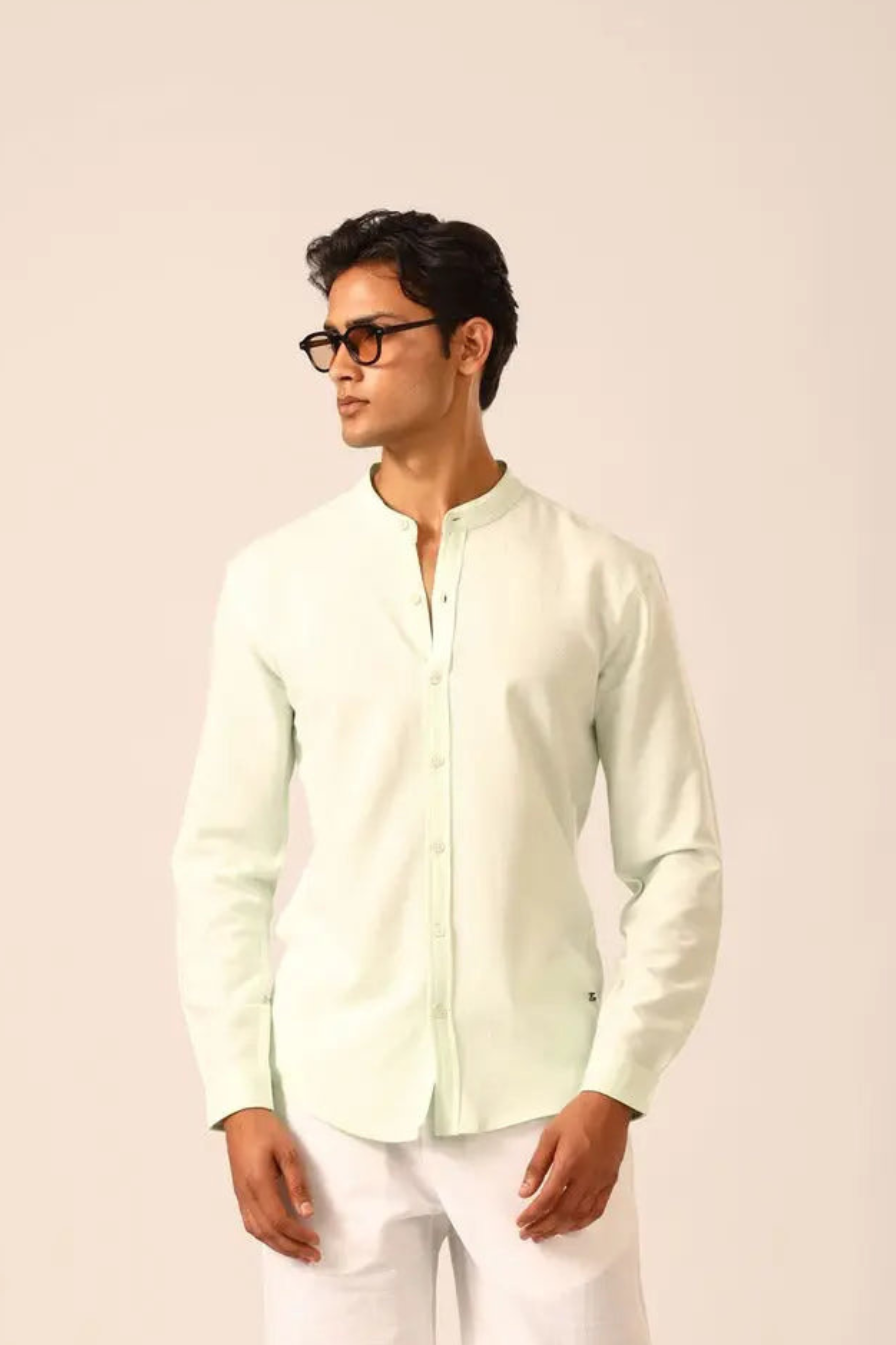 Chinese Collar Linen Shirt in Mint