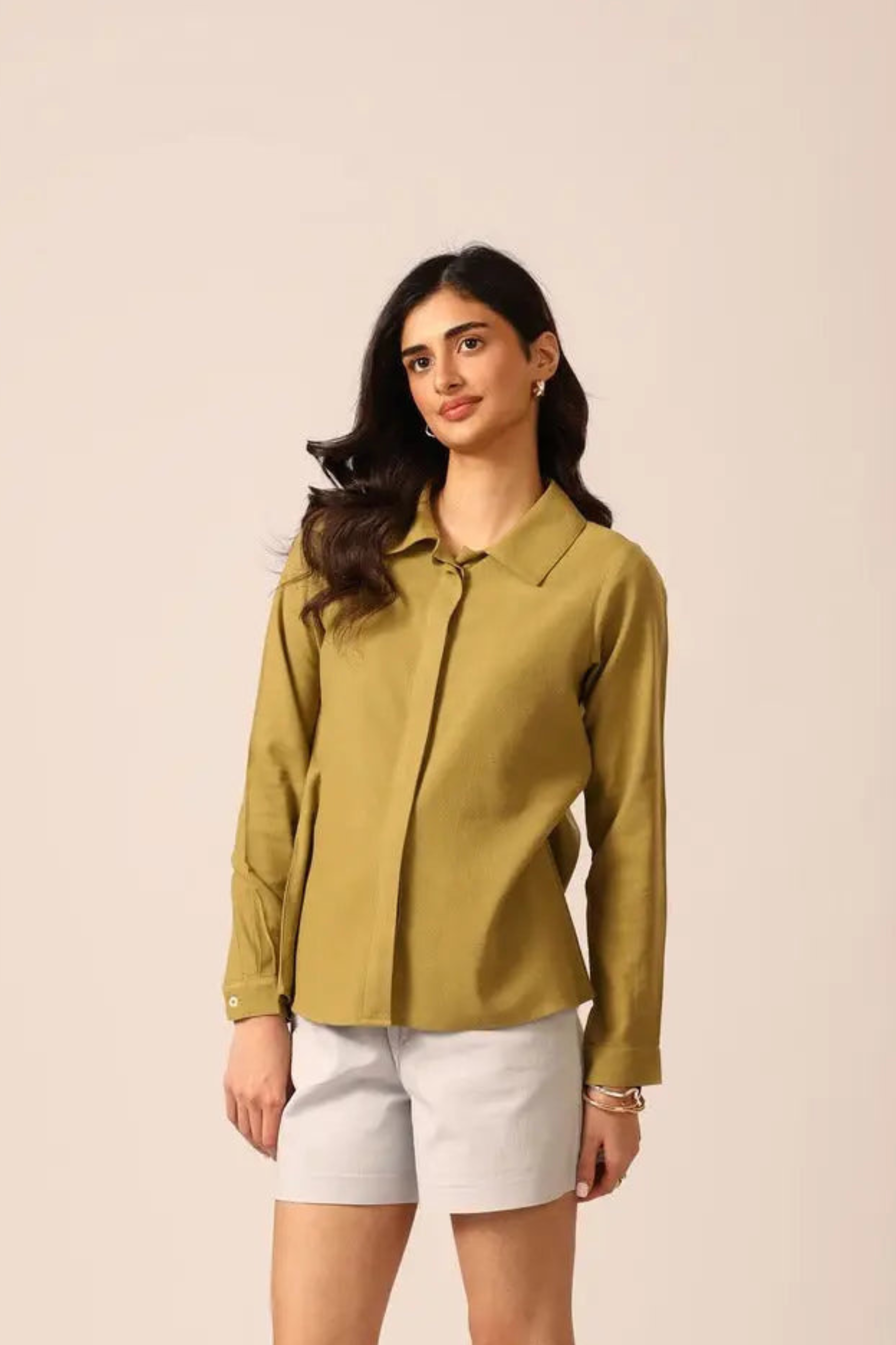 Bria A-line Linen Shirt in Moss