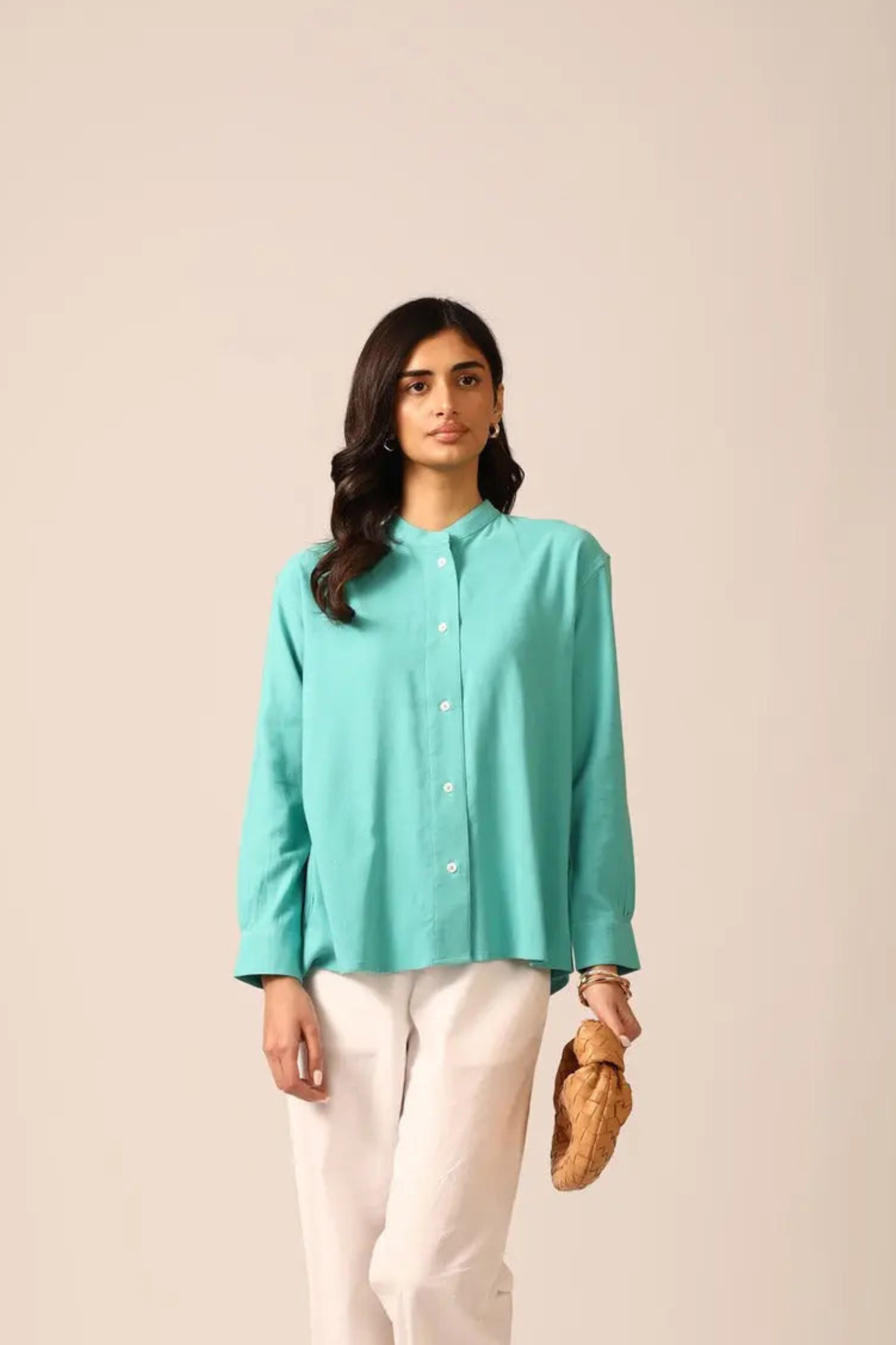 Elm Chinese Collar Linen Shirt in Lagoon