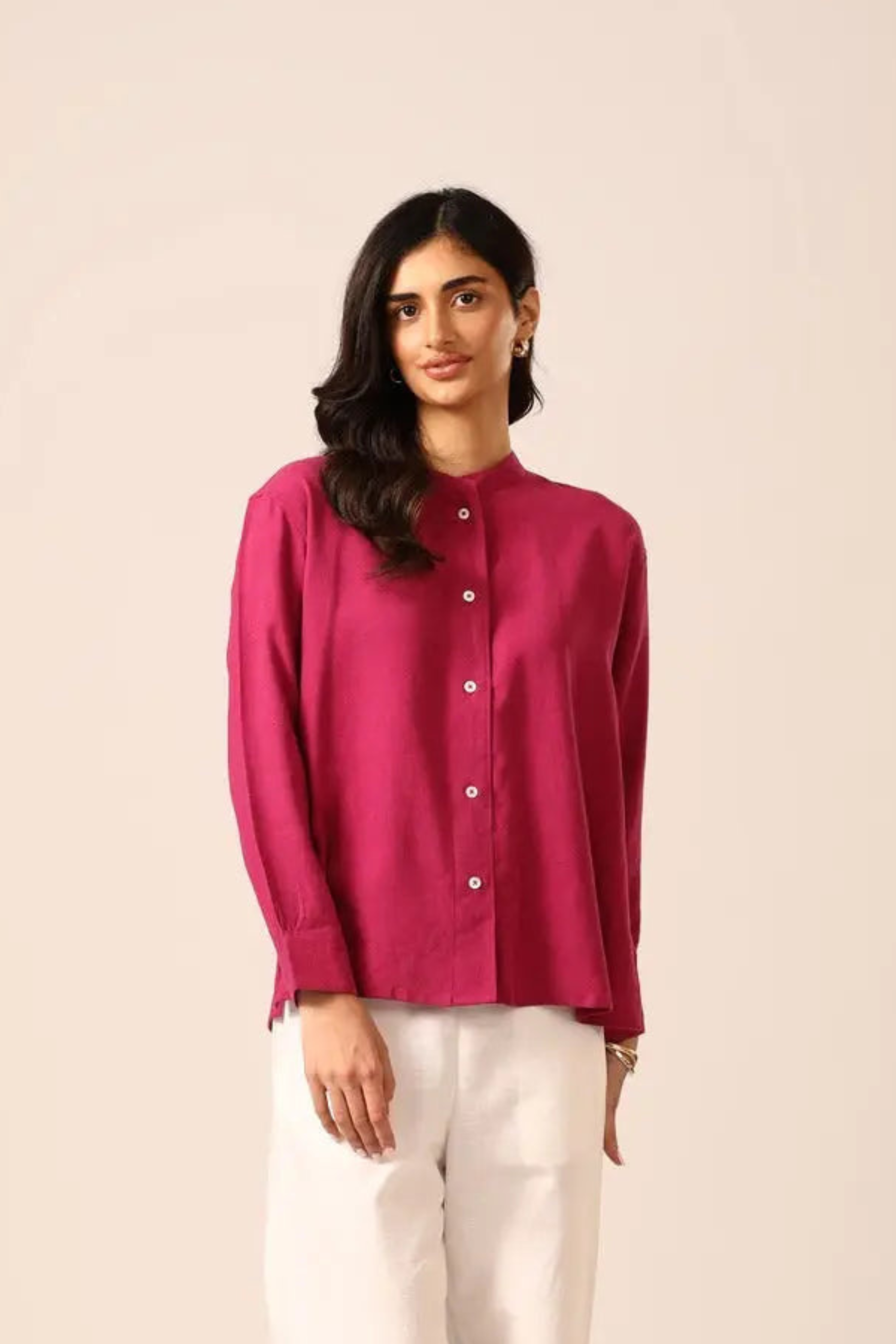Elm Chinese Collar Linen Shirt in Berry