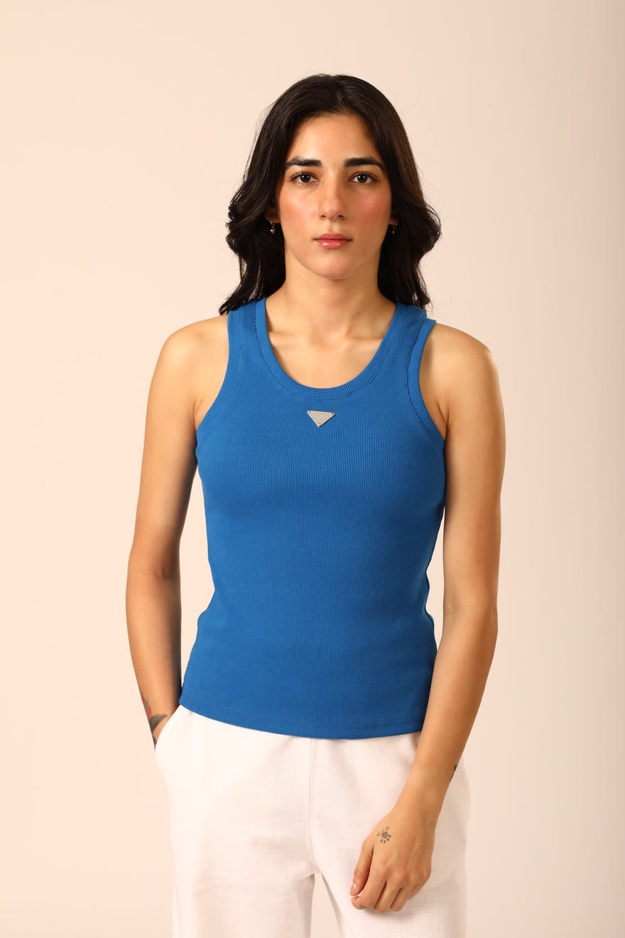 Blue Ribbed Sleeveless Top
