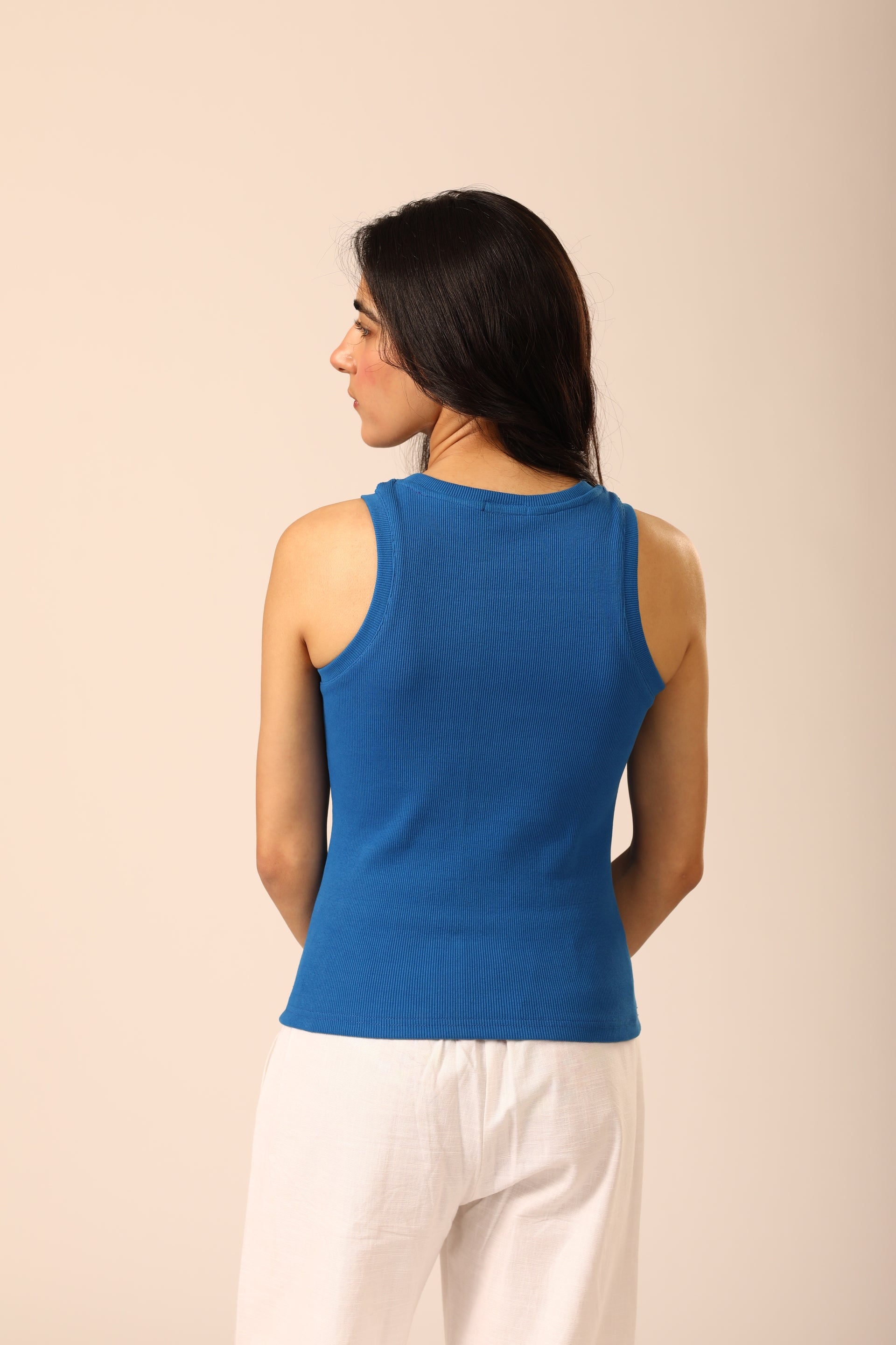 Blue Ribbed Sleeveless Top