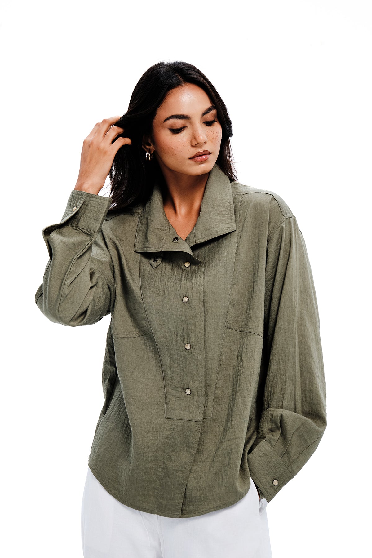 Olive Cotton Funnel Neck Shirt