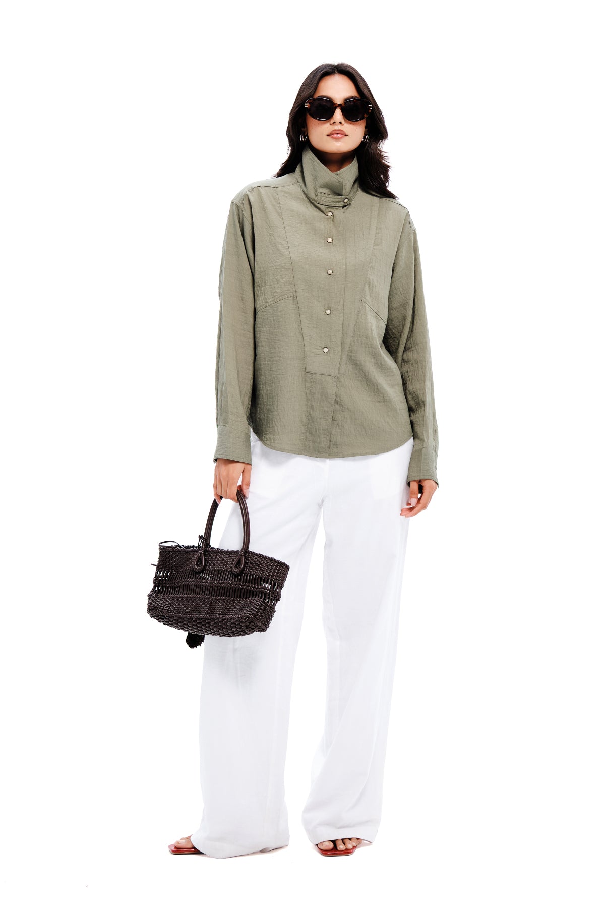 Olive Cotton Funnel Neck Shirt