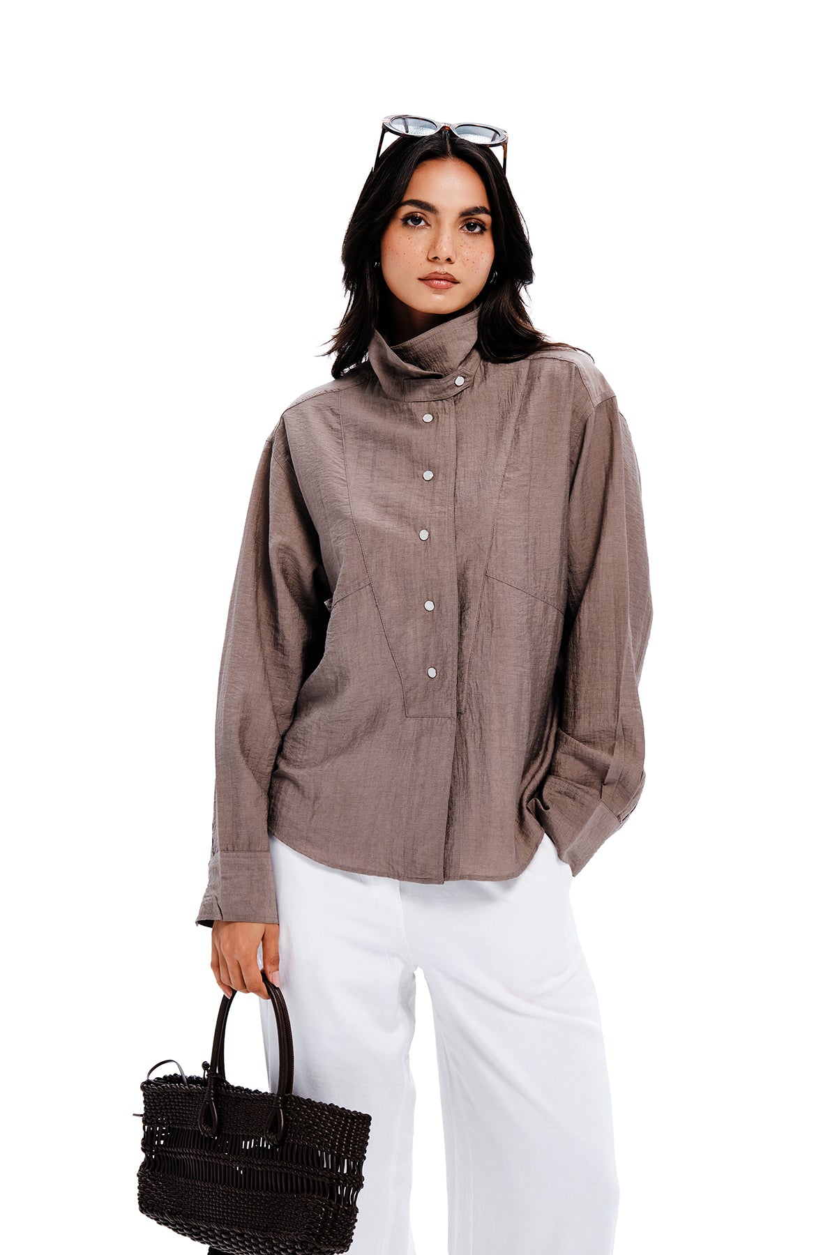 Grey Cotton Funnel Neck Shirt