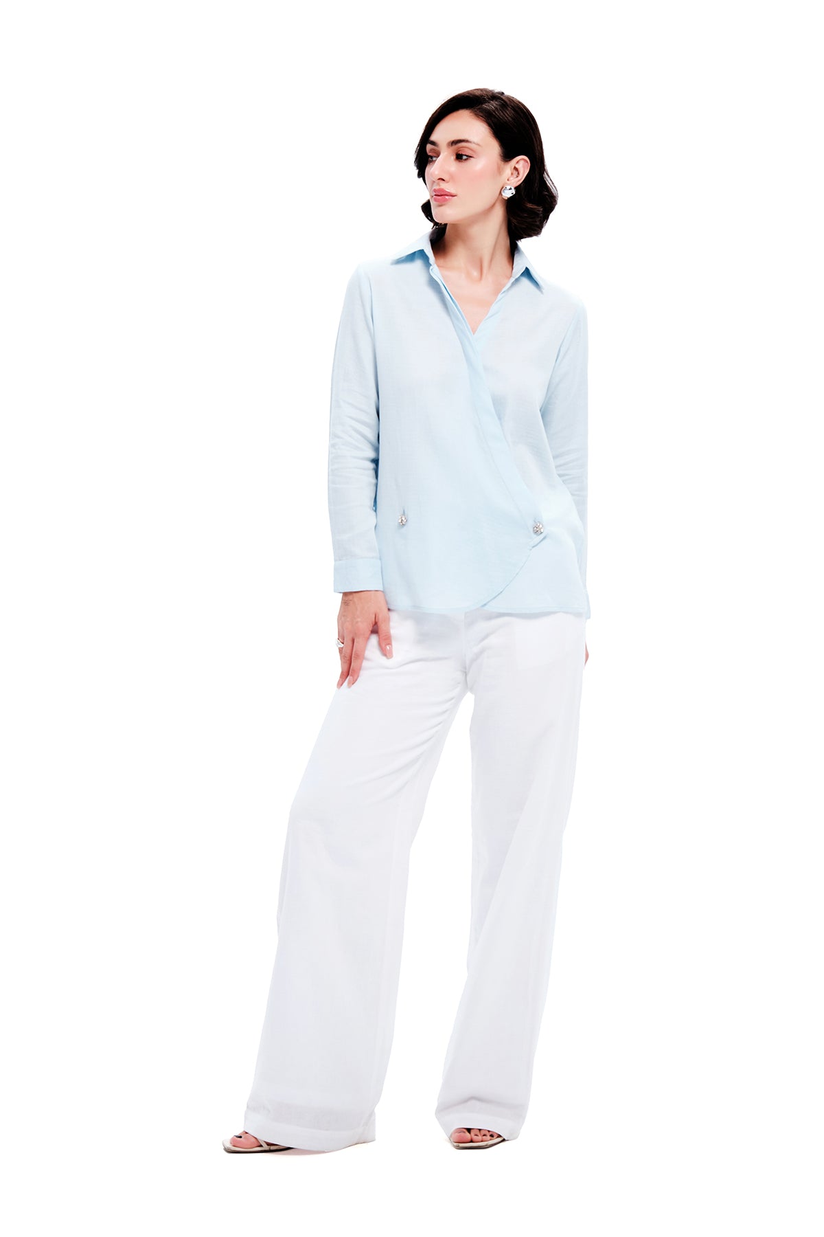 Blue Cotton Quinn Asymmetrical Shirt With Rhinestone Buttons