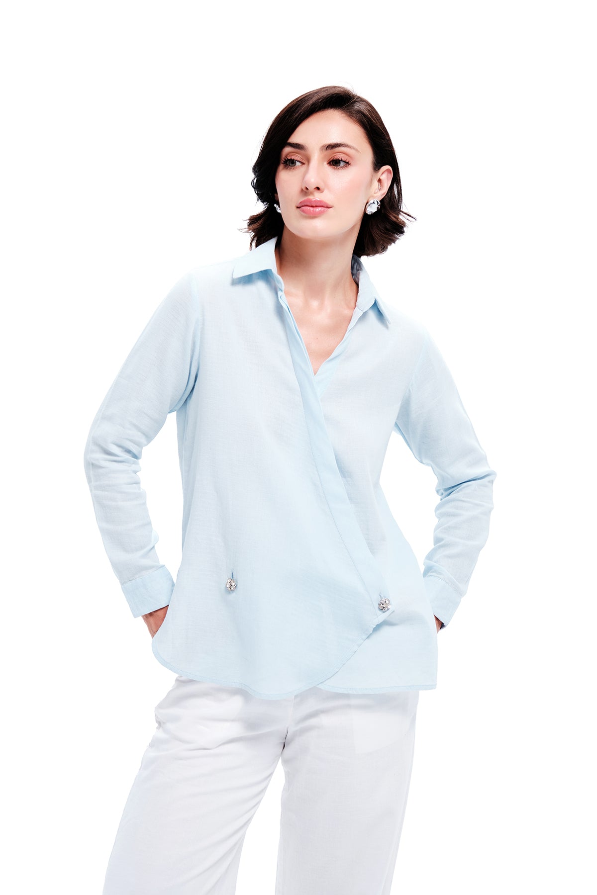 Blue Cotton Quinn Asymmetrical Shirt With Rhinestone Buttons