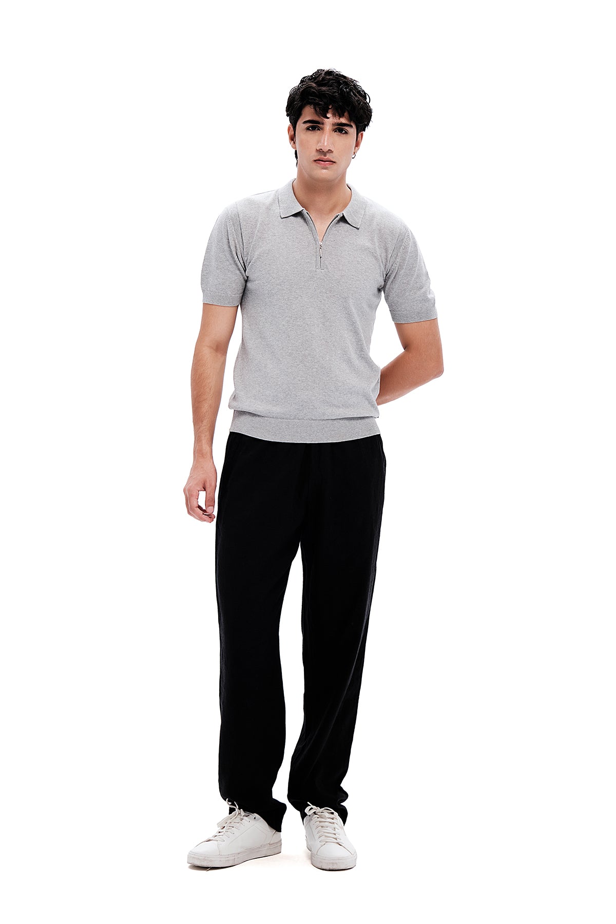 Grey Cotton Quarter Zip Polo