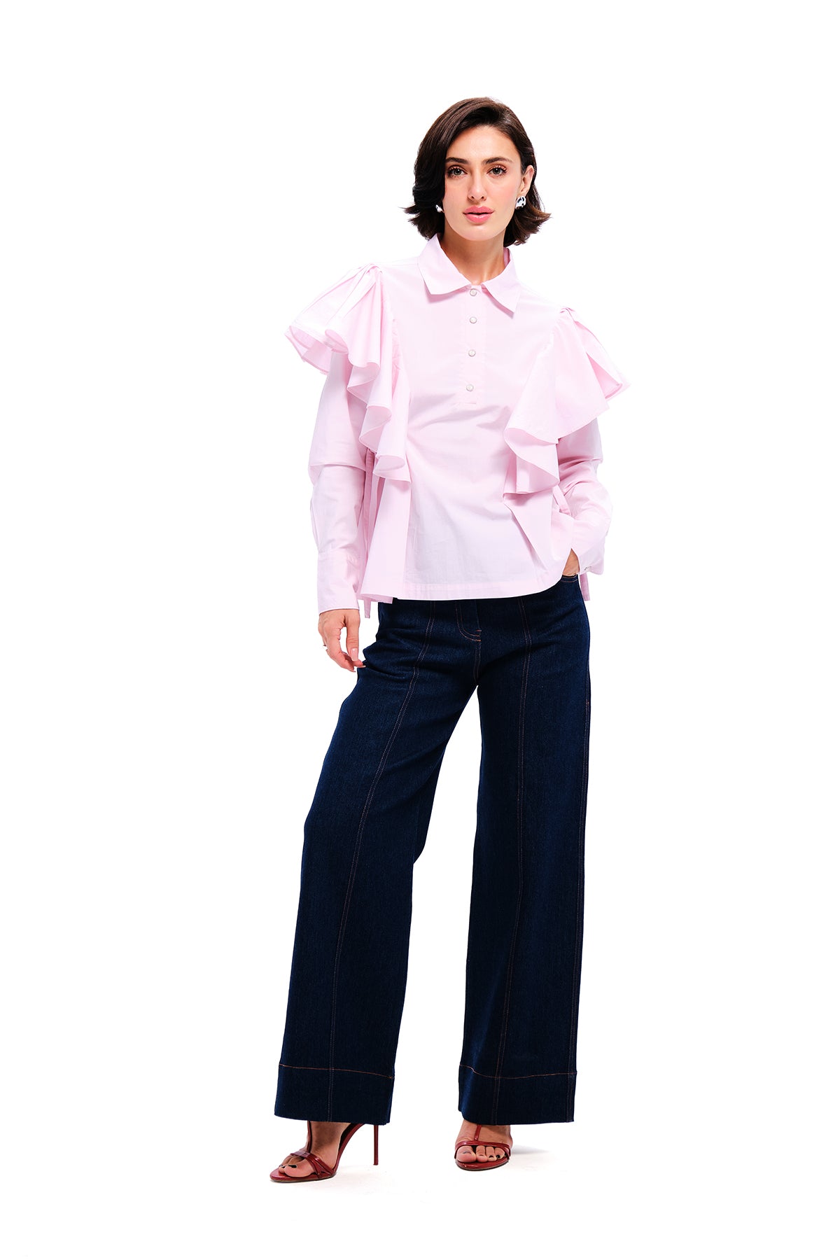 Pink Cotton Ruffled Side Tie Shirt