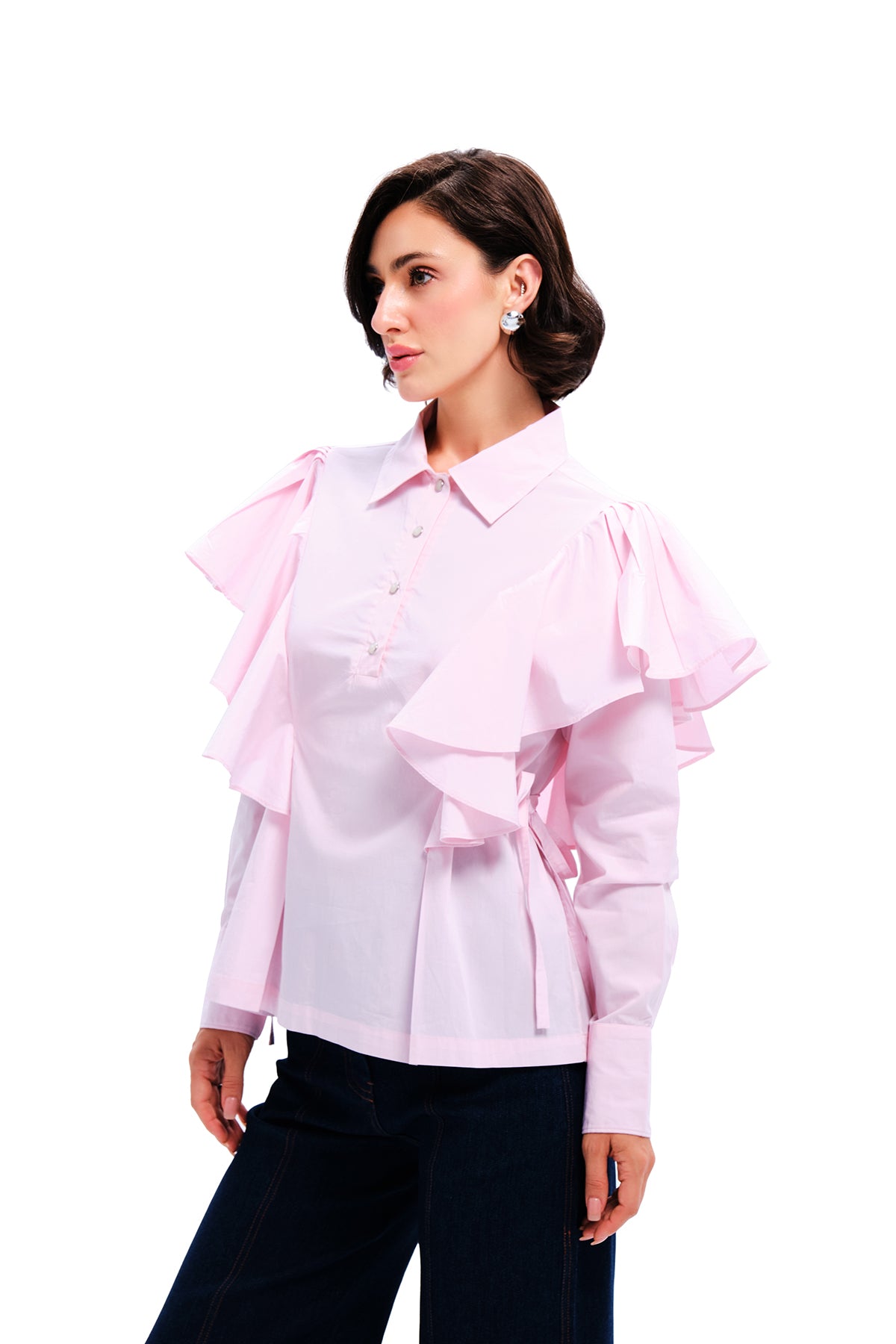 Pink Cotton Ruffled Side Tie Shirt