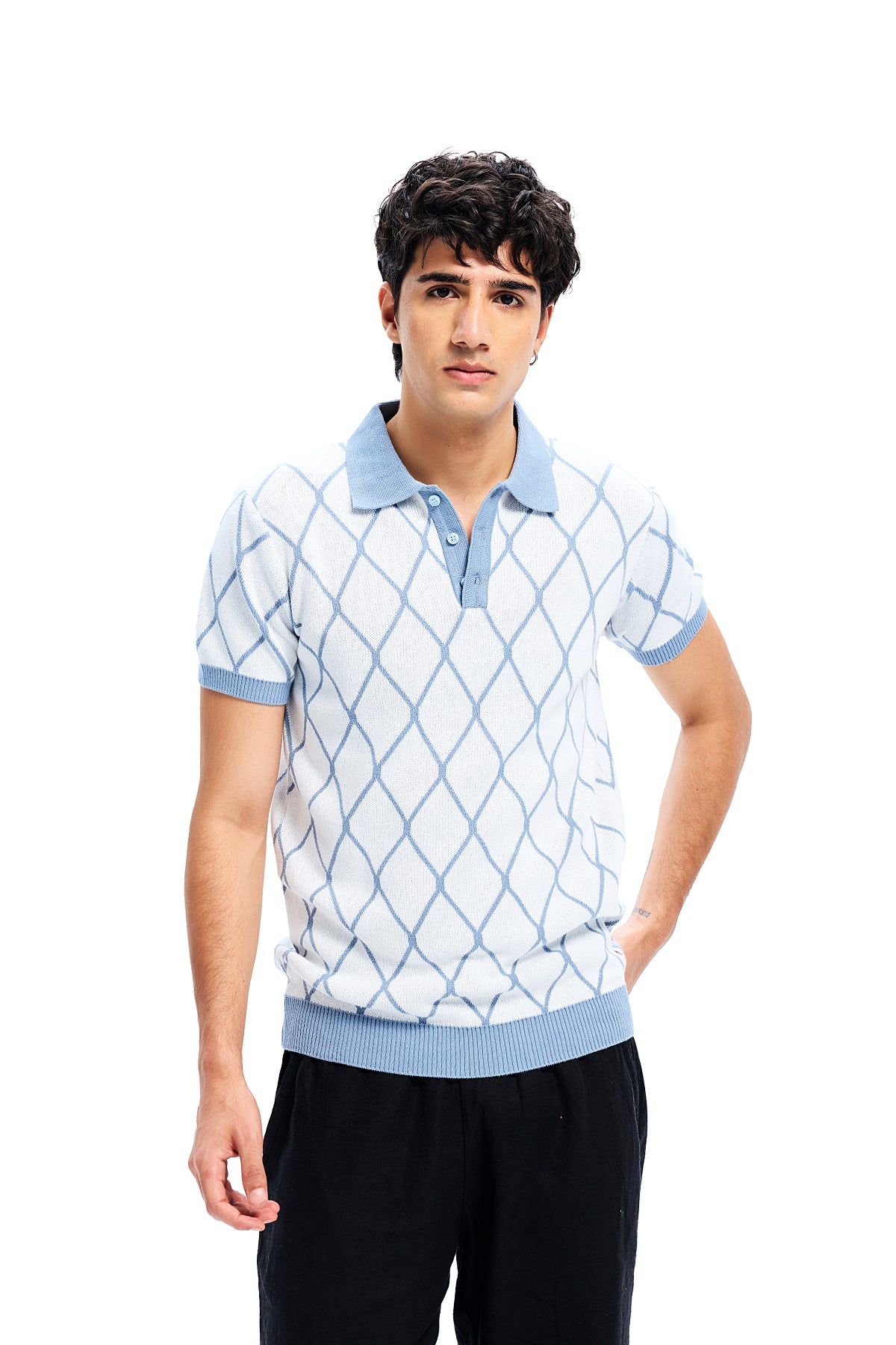White Knit Geometric Pattern Collar Polo