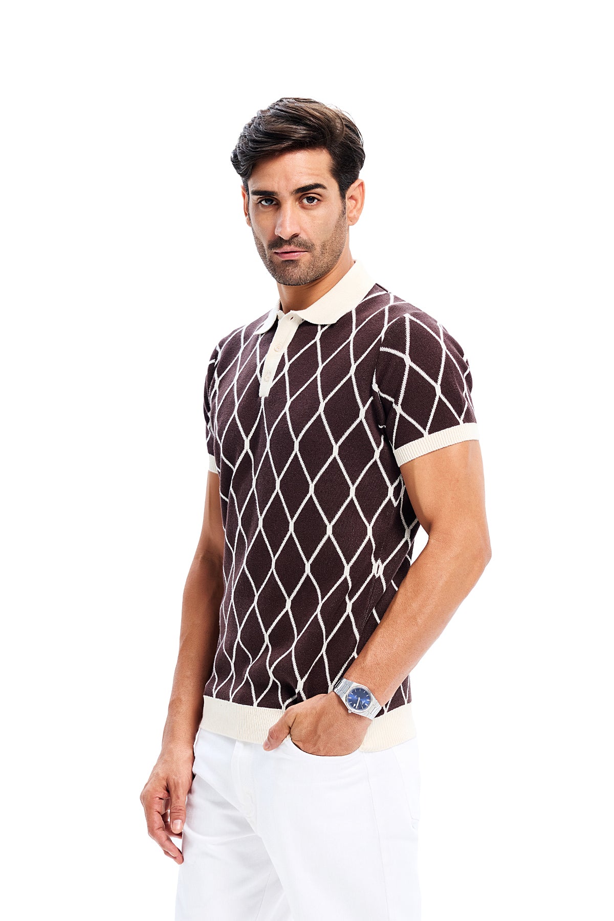 Brown Knit Geometric Pattern Collar Polo