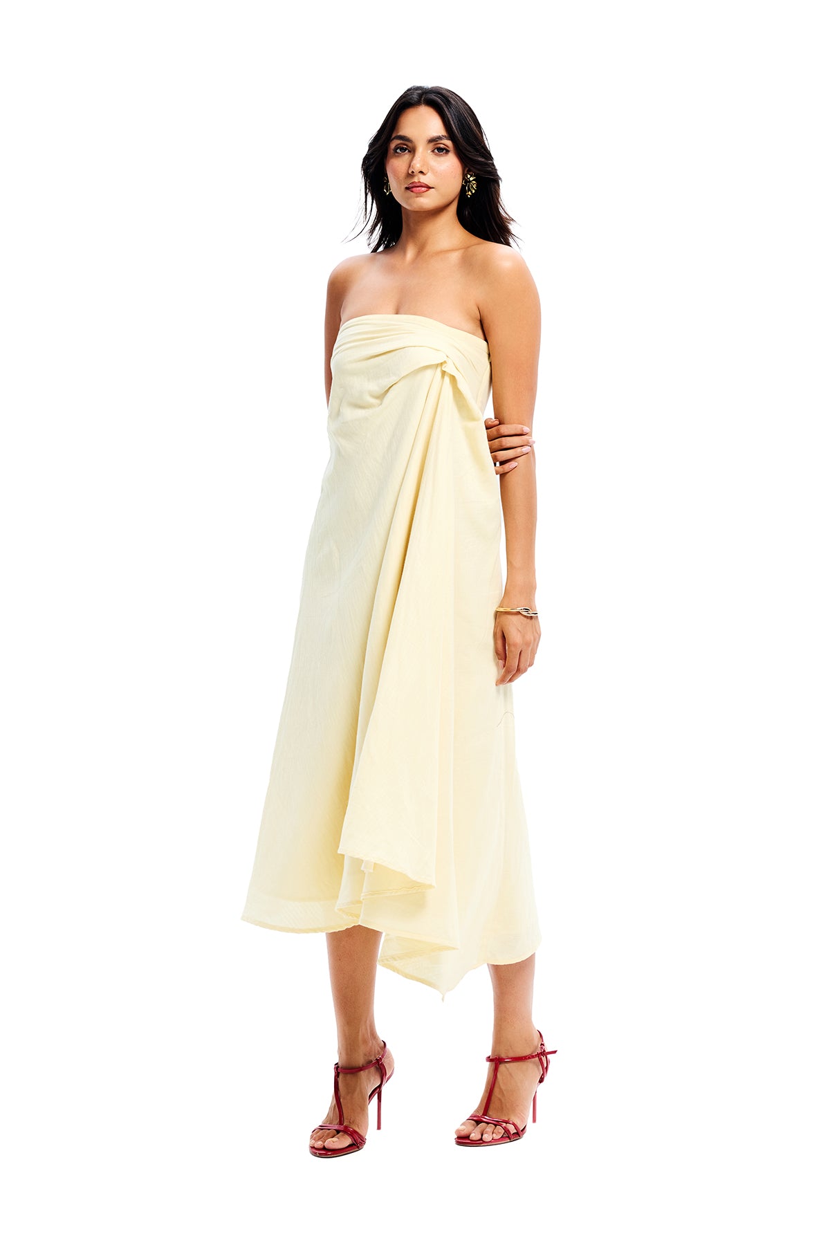 Yellow Cotton Bandeau Draped Midi Dress