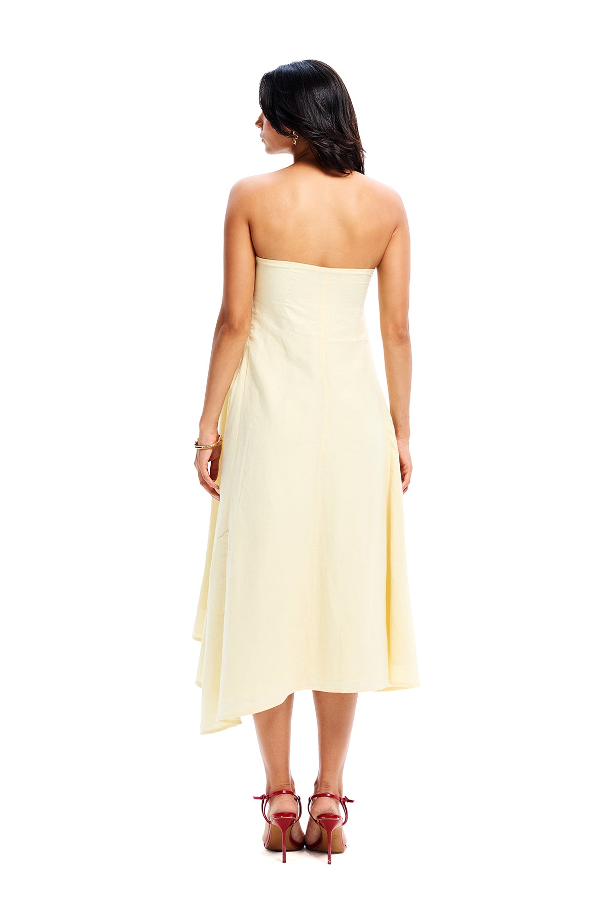 Yellow Cotton Bandeau Draped Midi Dress