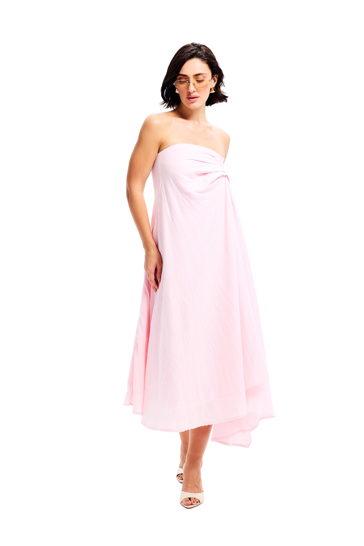 Pink Cotton Bandeau Draped Midi Dress