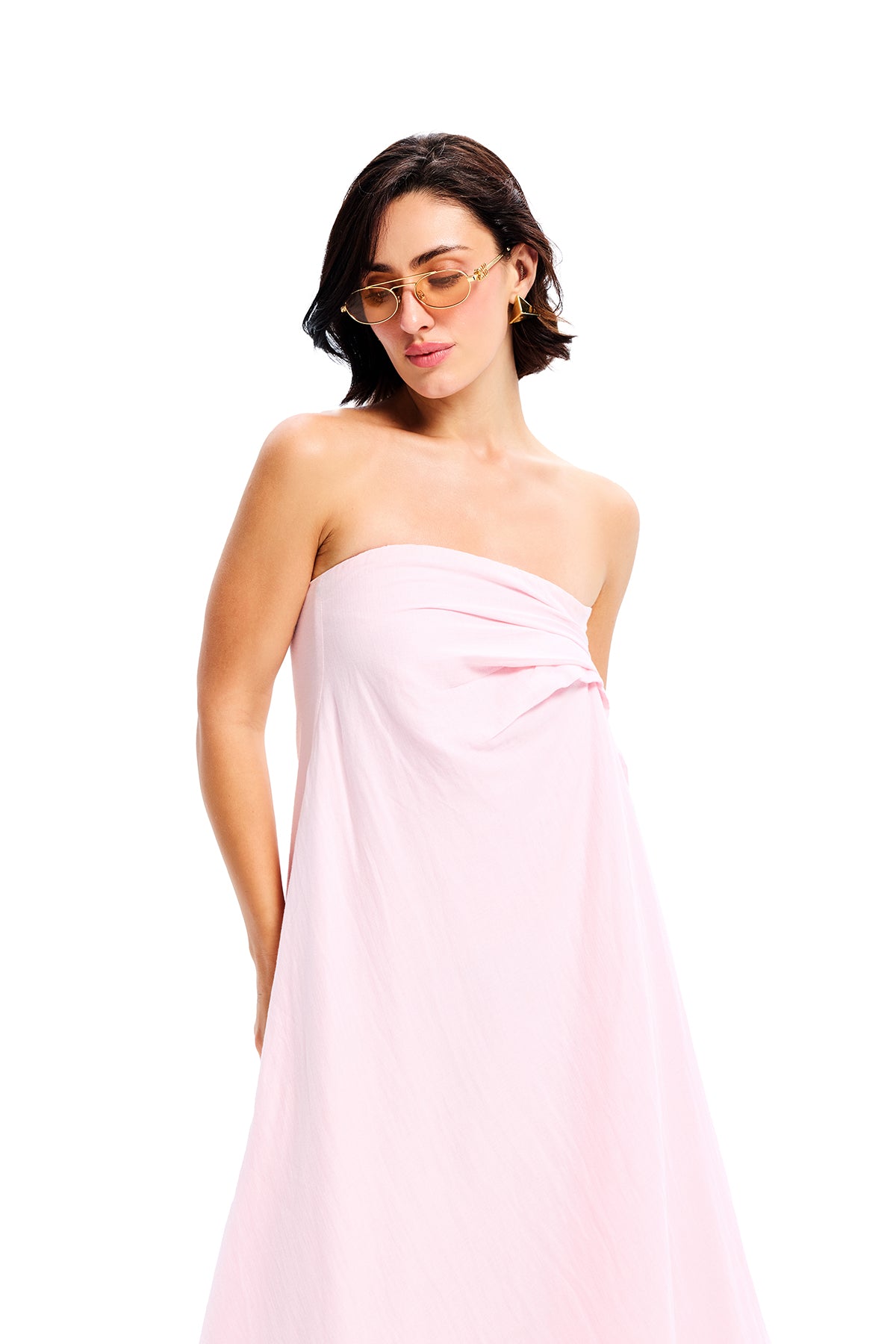 Pink Cotton Bandeau Draped Midi Dress