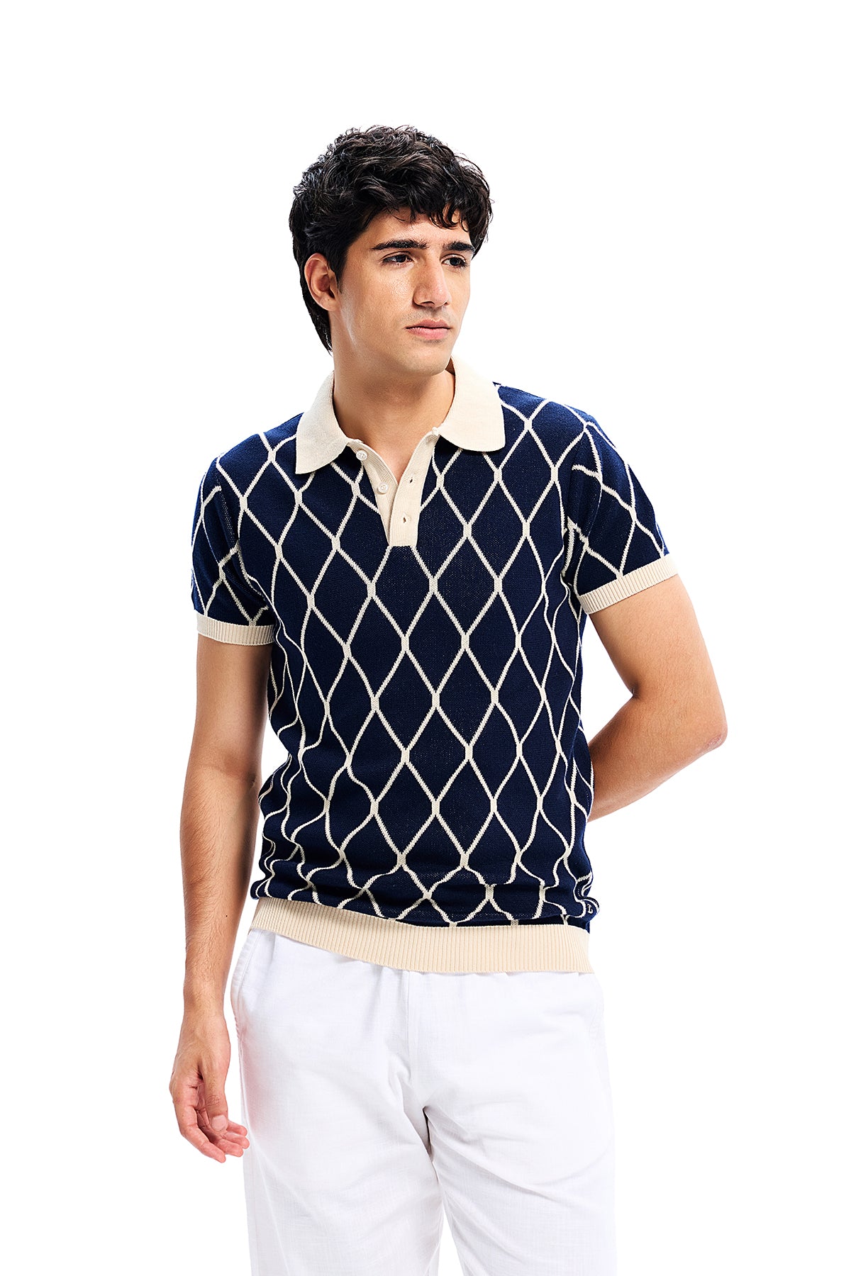 Navy Knit Geometric Pattern Collar Polo