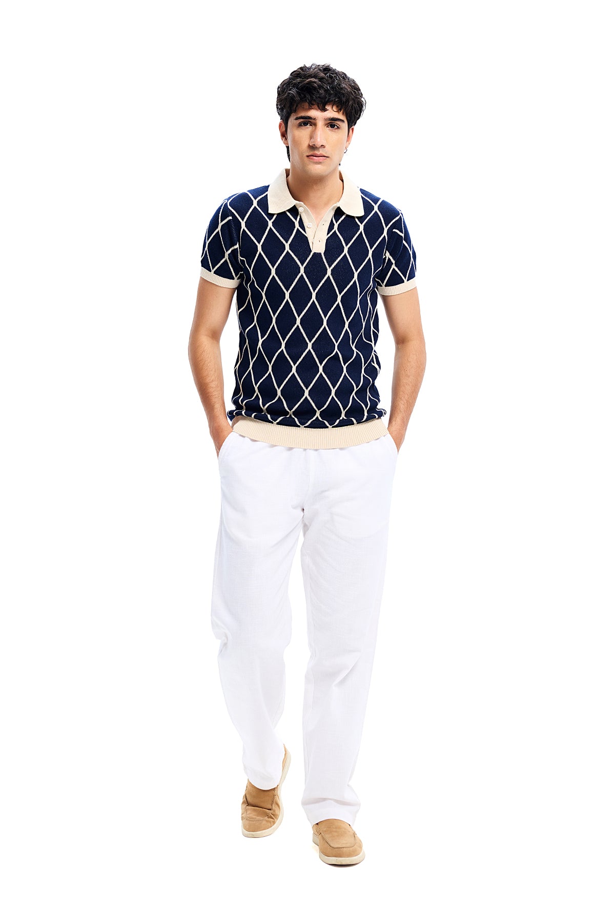 Navy Knit Geometric Pattern Collar Polo
