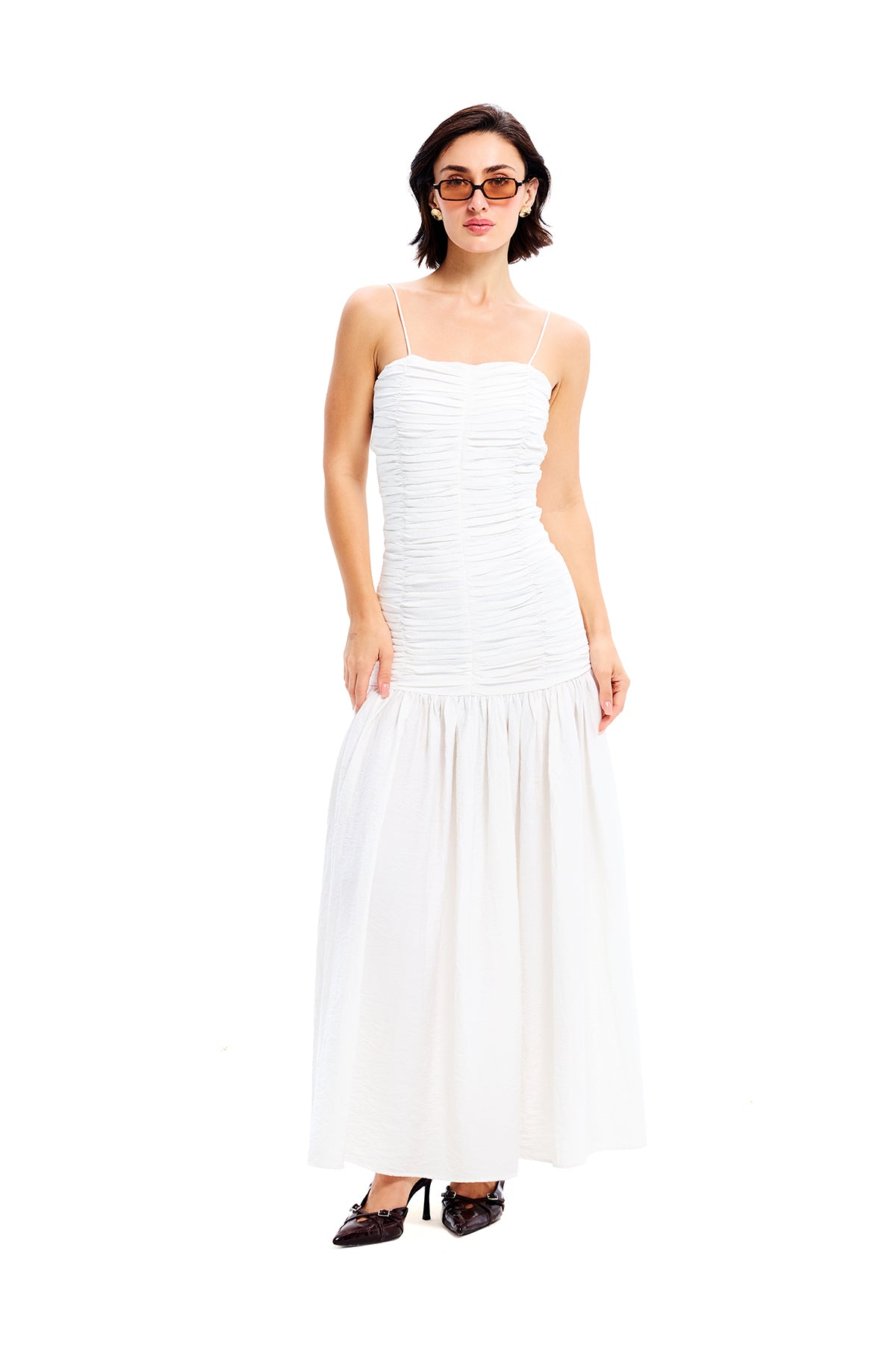 White Cotton Smoked Midi Strap Dress
