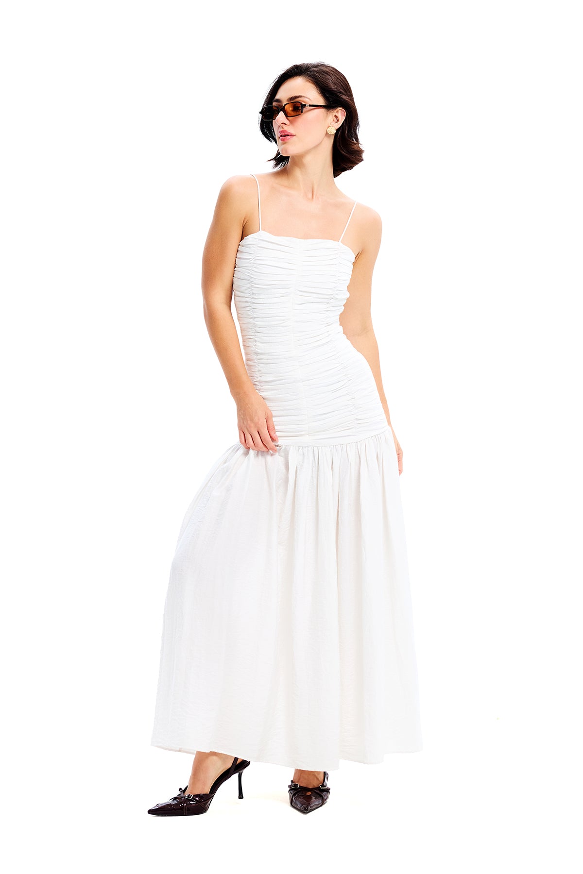 White Cotton Smoked Midi Strap Dress