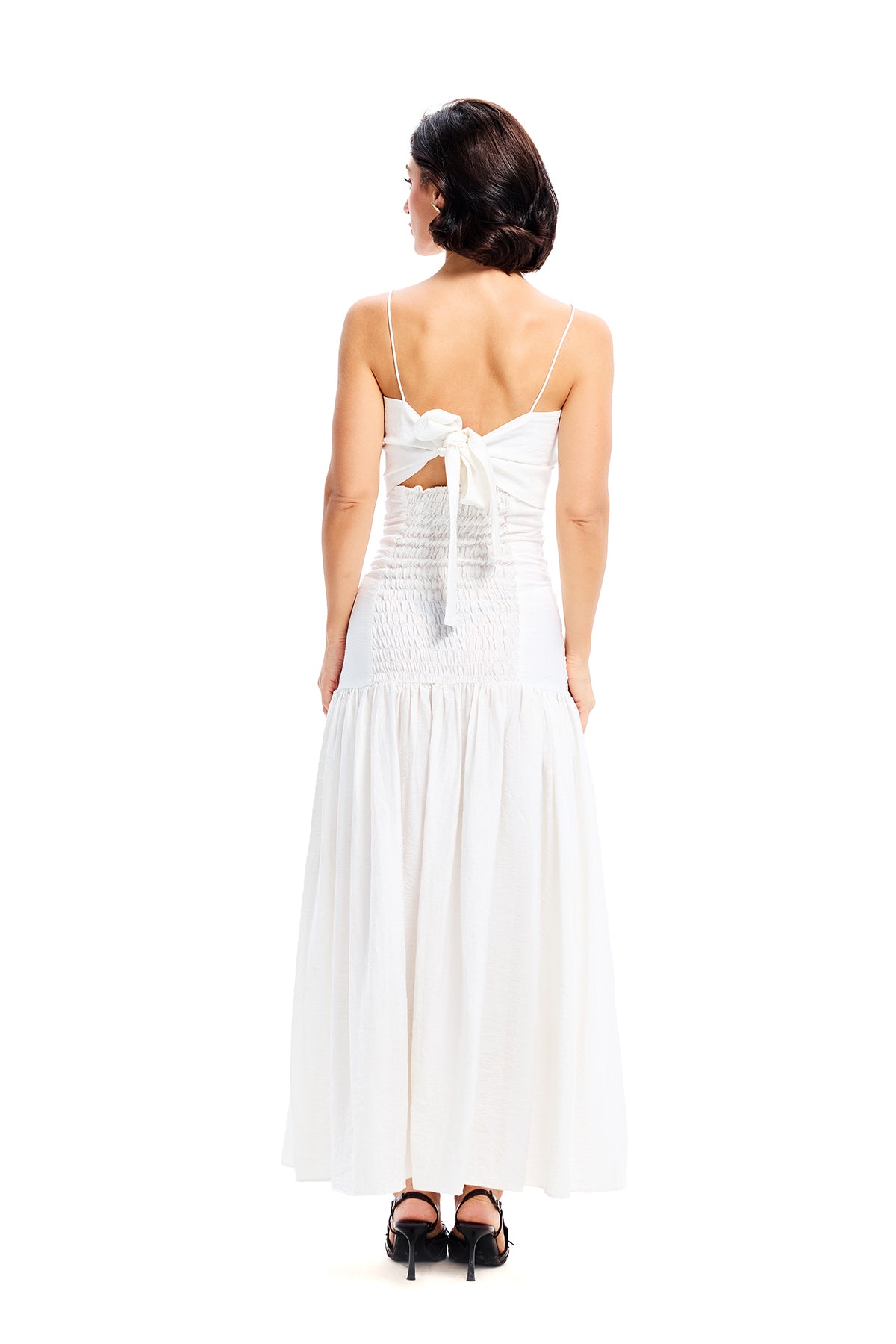 White Cotton Smoked Midi Strap Dress