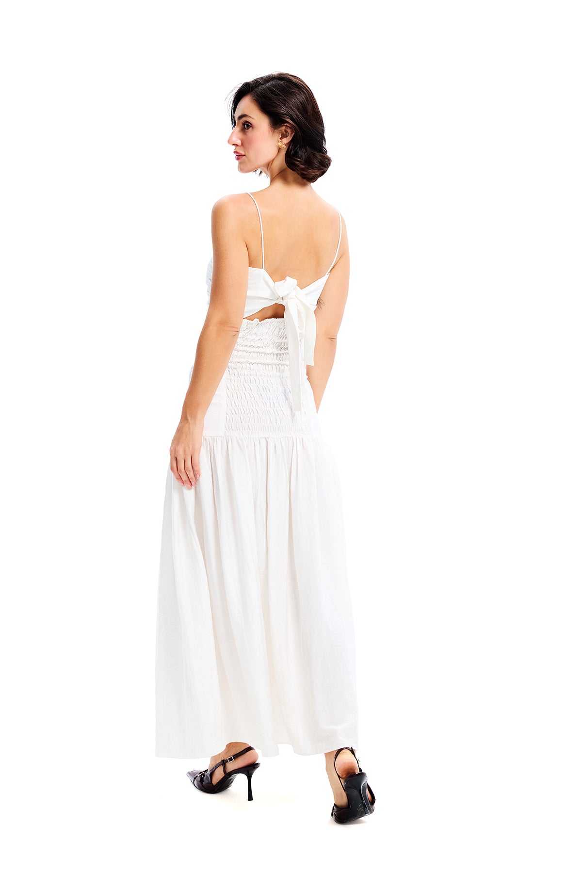 White Cotton Smoked Midi Strap Dress