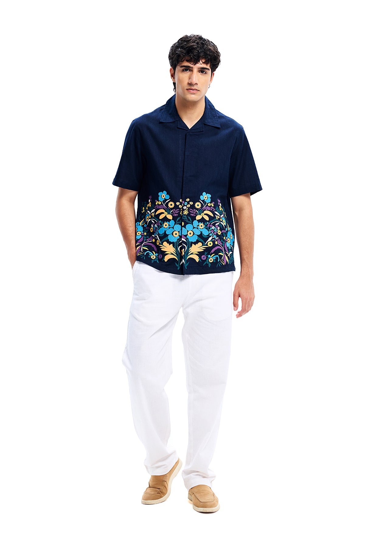Navy Blue Cotton Botanical Embroidery Shirt