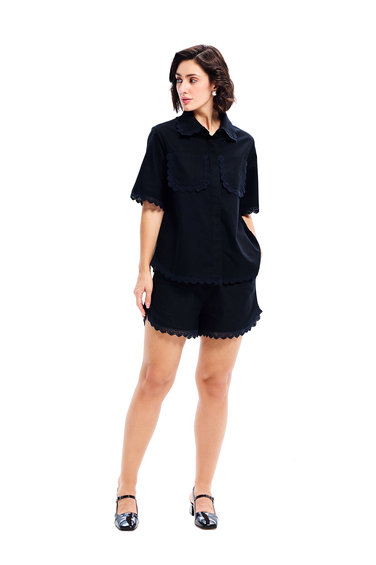 Black Cotton Lace Detail Relaxed Shirt