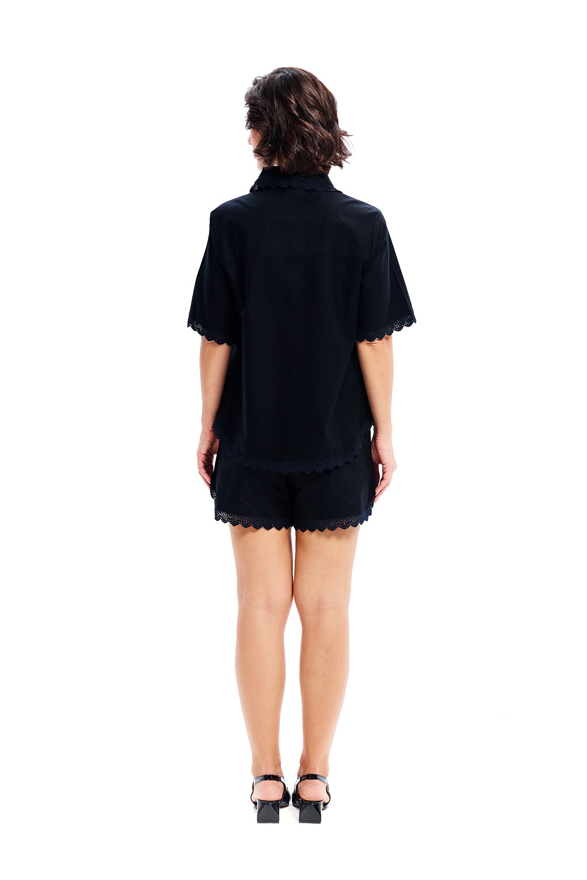 Black Cotton Lace Detail Relaxed Shorts