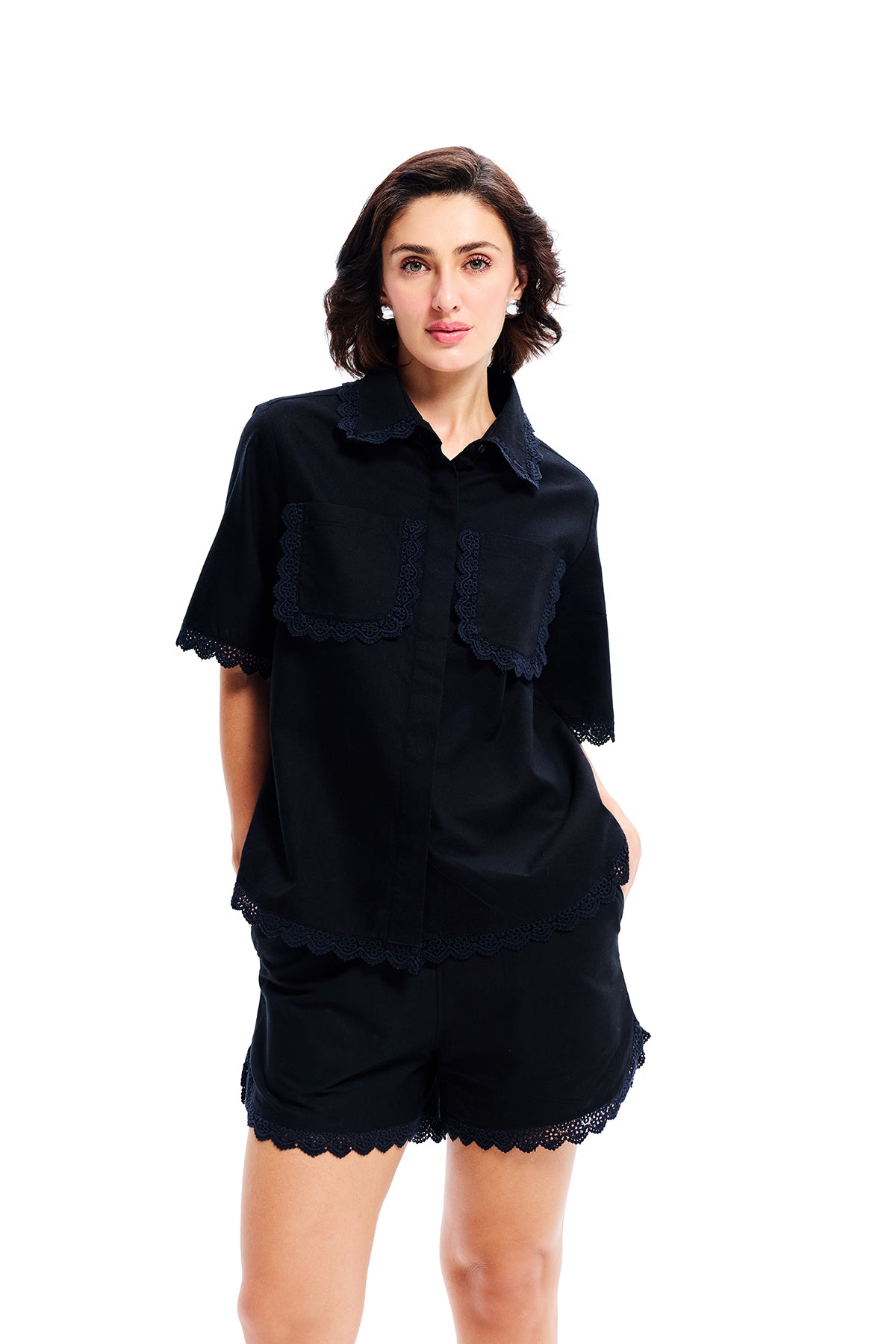 Black Cotton Lace Detail Relaxed Shirt