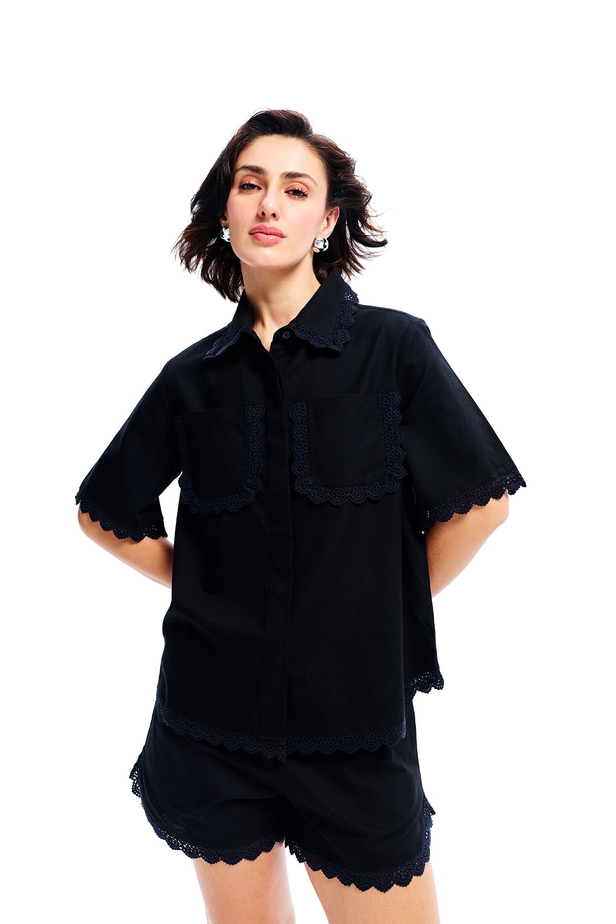 Black Cotton Lace Detail Relaxed Shorts