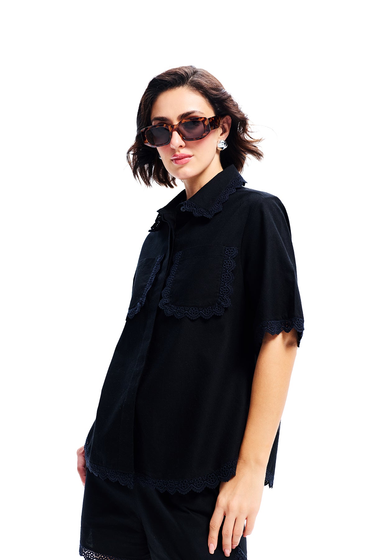 Black Cotton Lace Detail Relaxed Shirt
