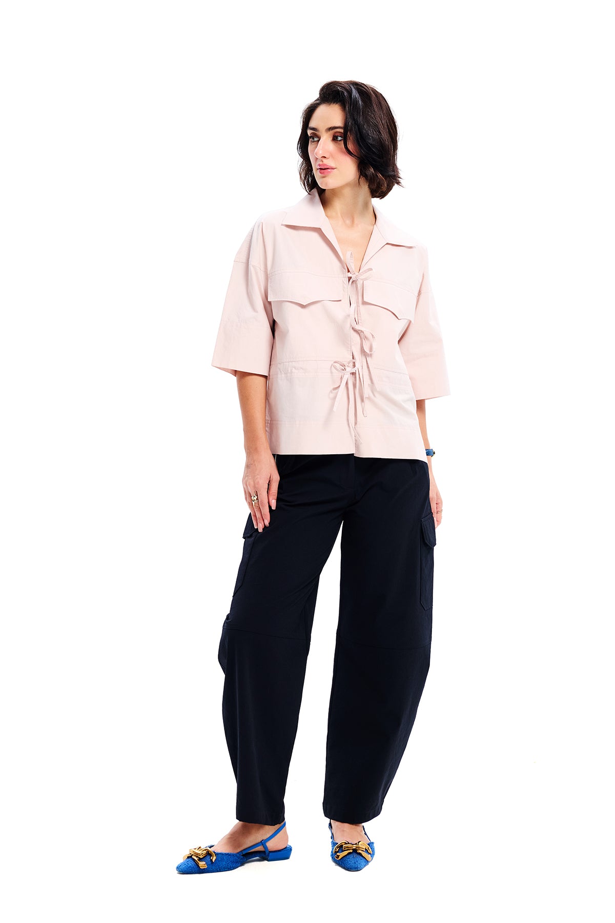 Salmon Cotton Pocket Lace Up Shirt