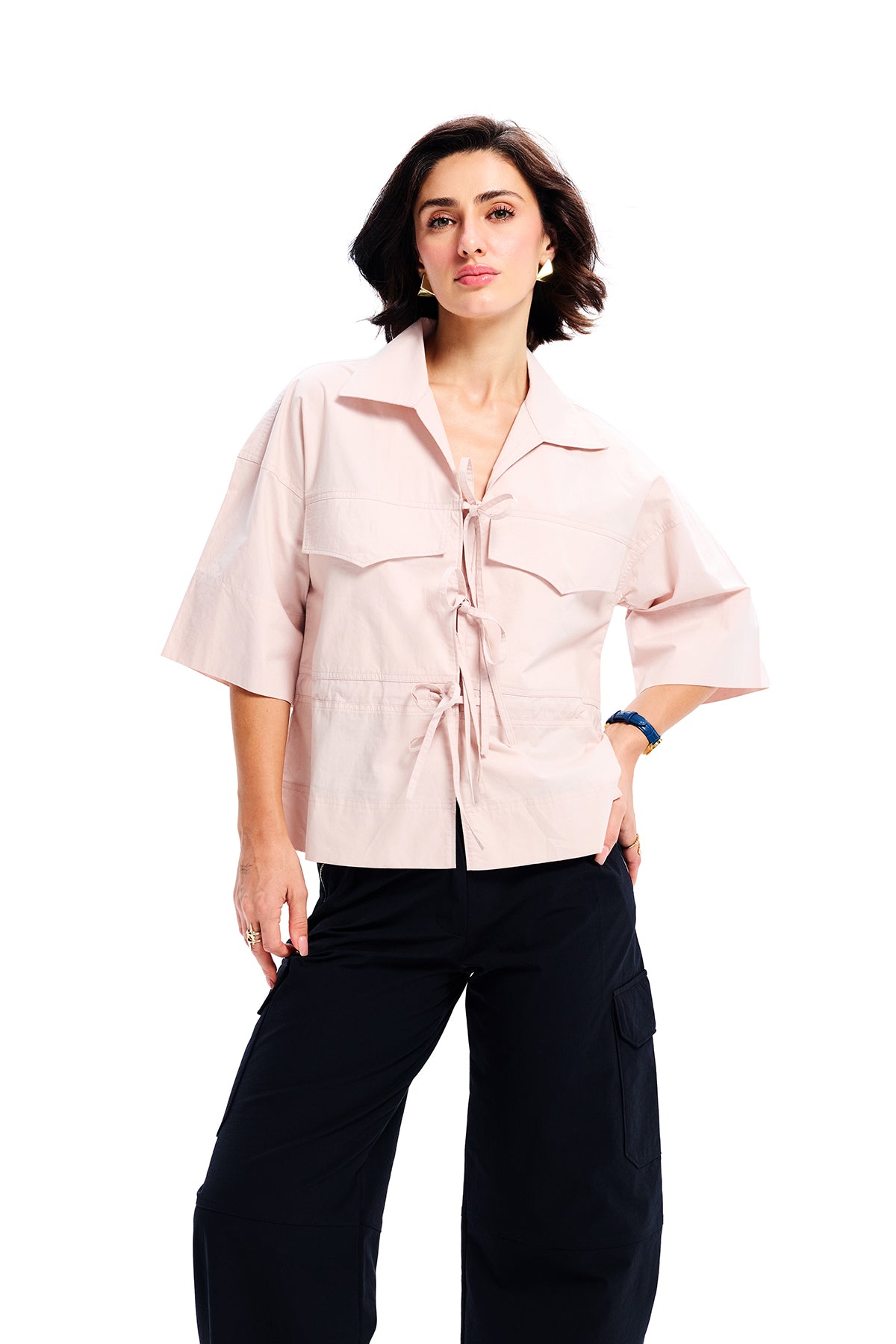 Salmon Cotton Pocket Lace Up Shirt