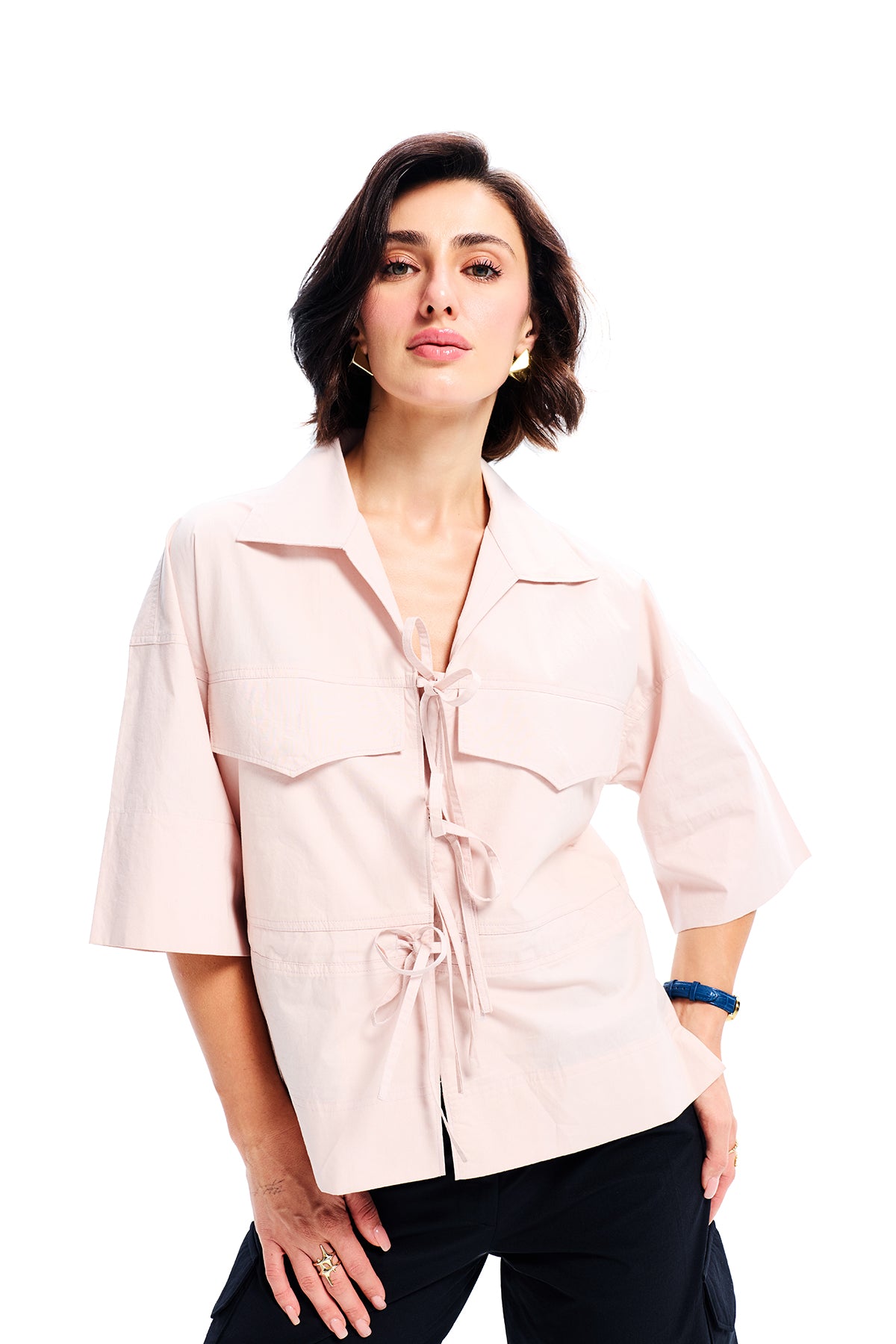 Salmon Cotton Pocket Lace Up Shirt
