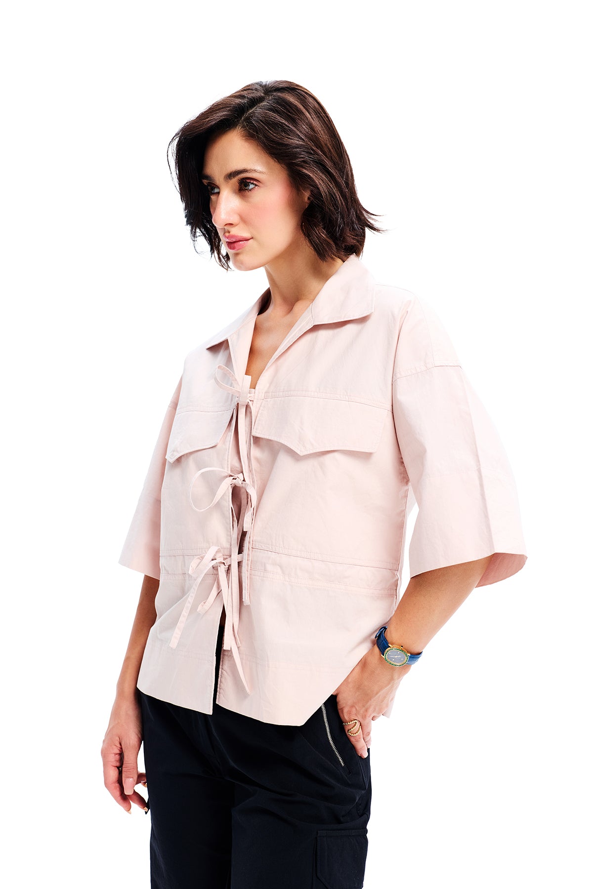 Salmon Cotton Pocket Lace Up Shirt