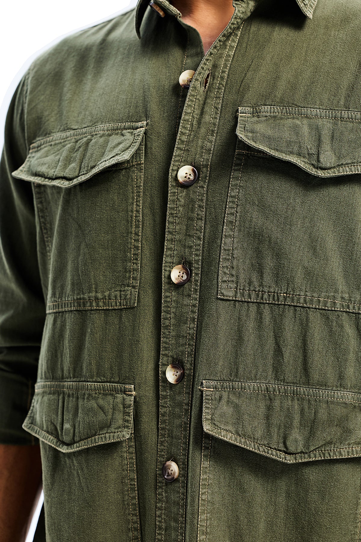 Olive Lightweight Overdyed  Denim Safari Shirt