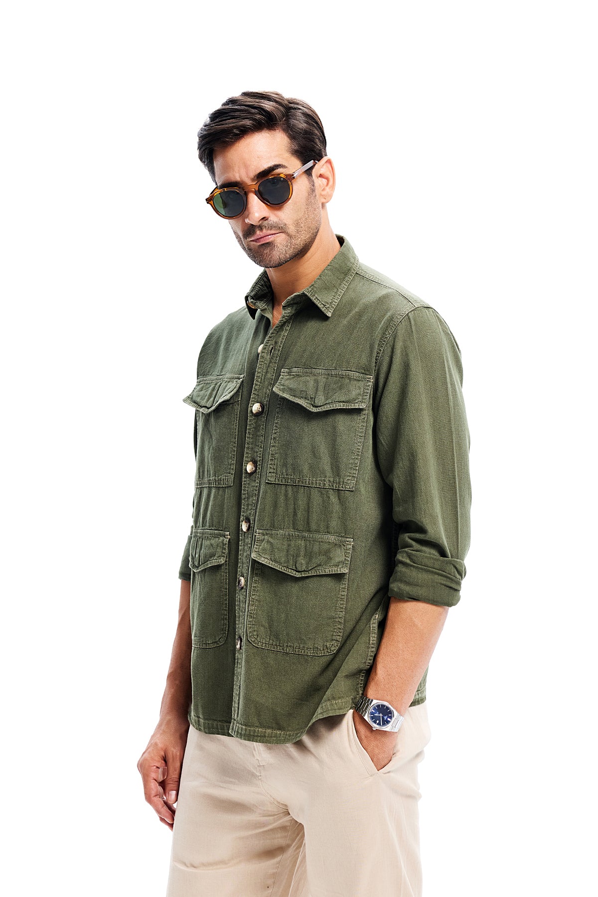 Olive Lightweight Overdyed  Denim Safari Shirt