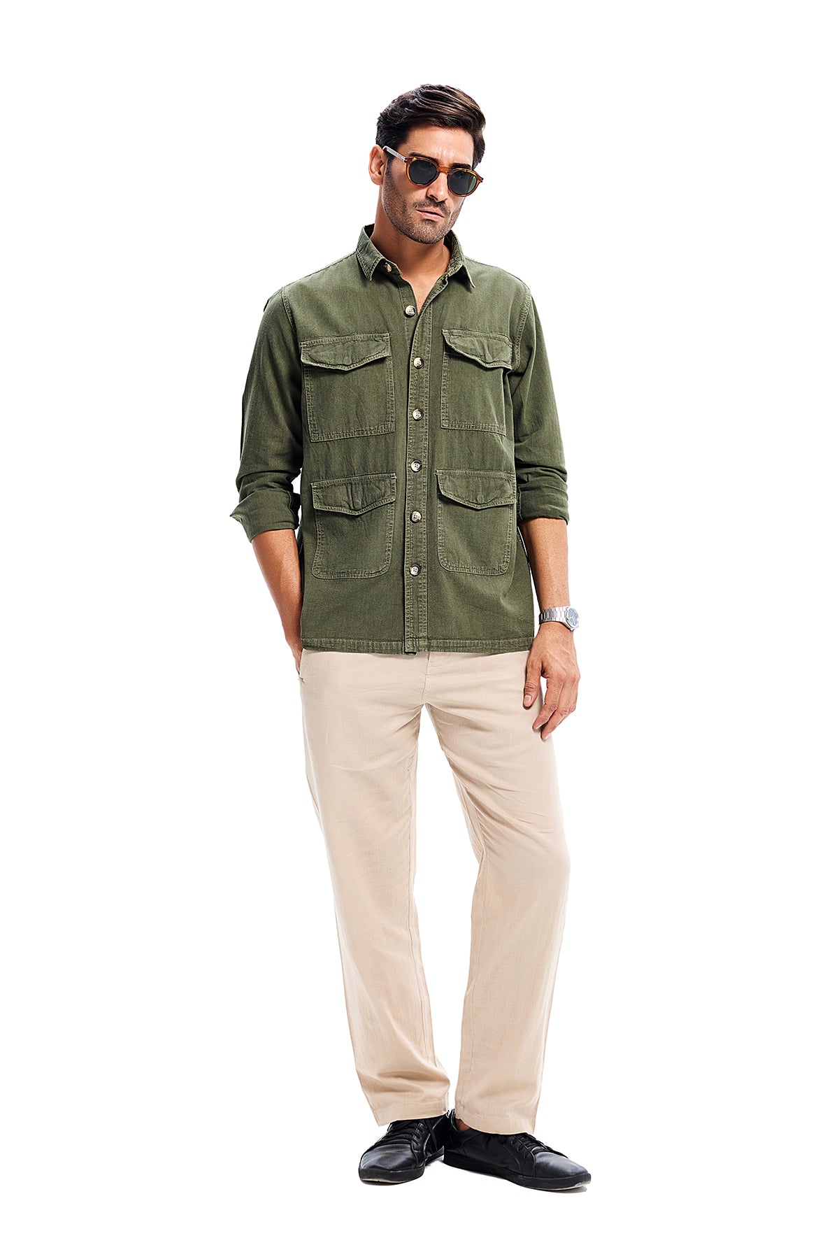 Olive Lightweight Overdyed  Denim Safari Shirt