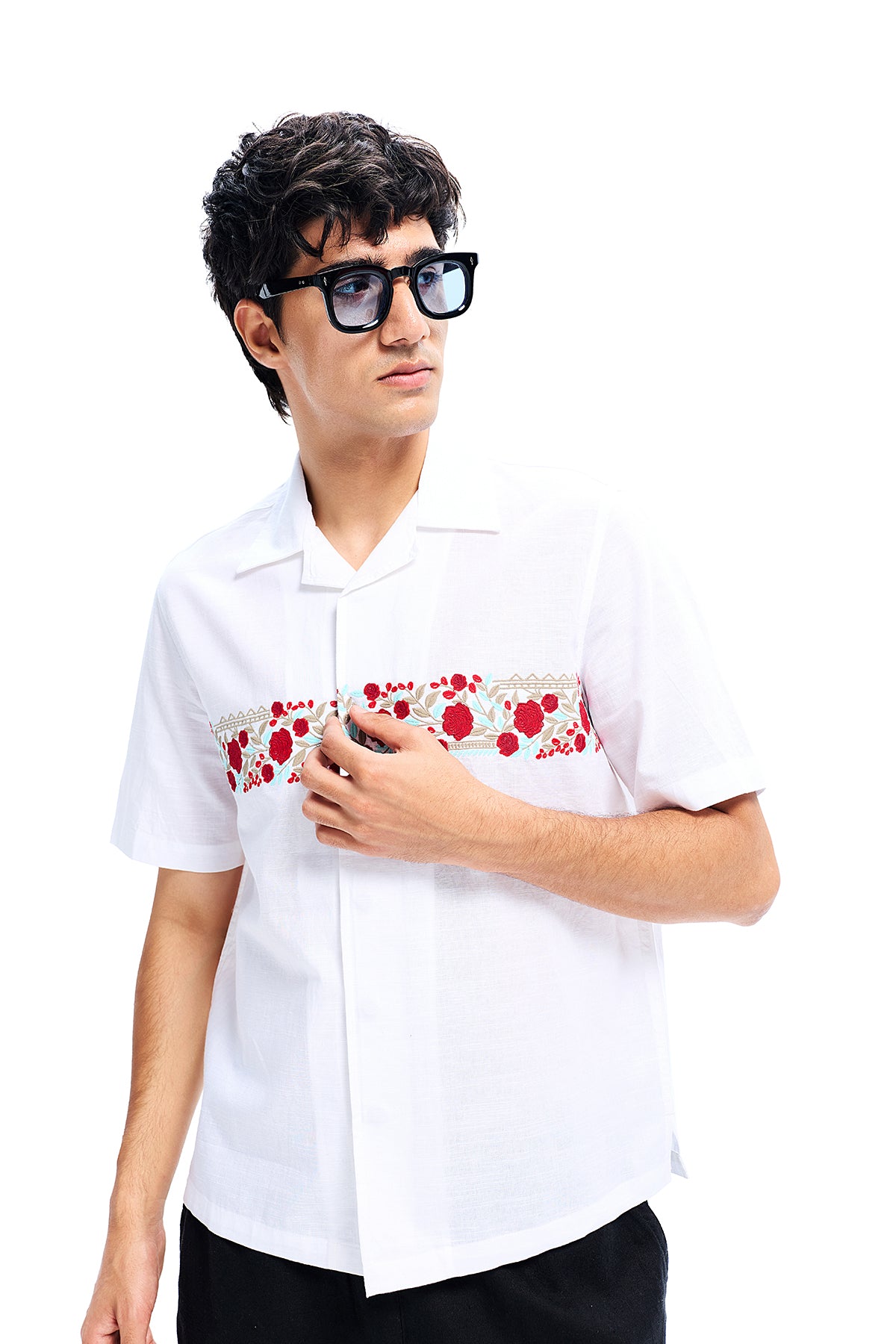 White Cotton Crimson Border Embroidery Shirt